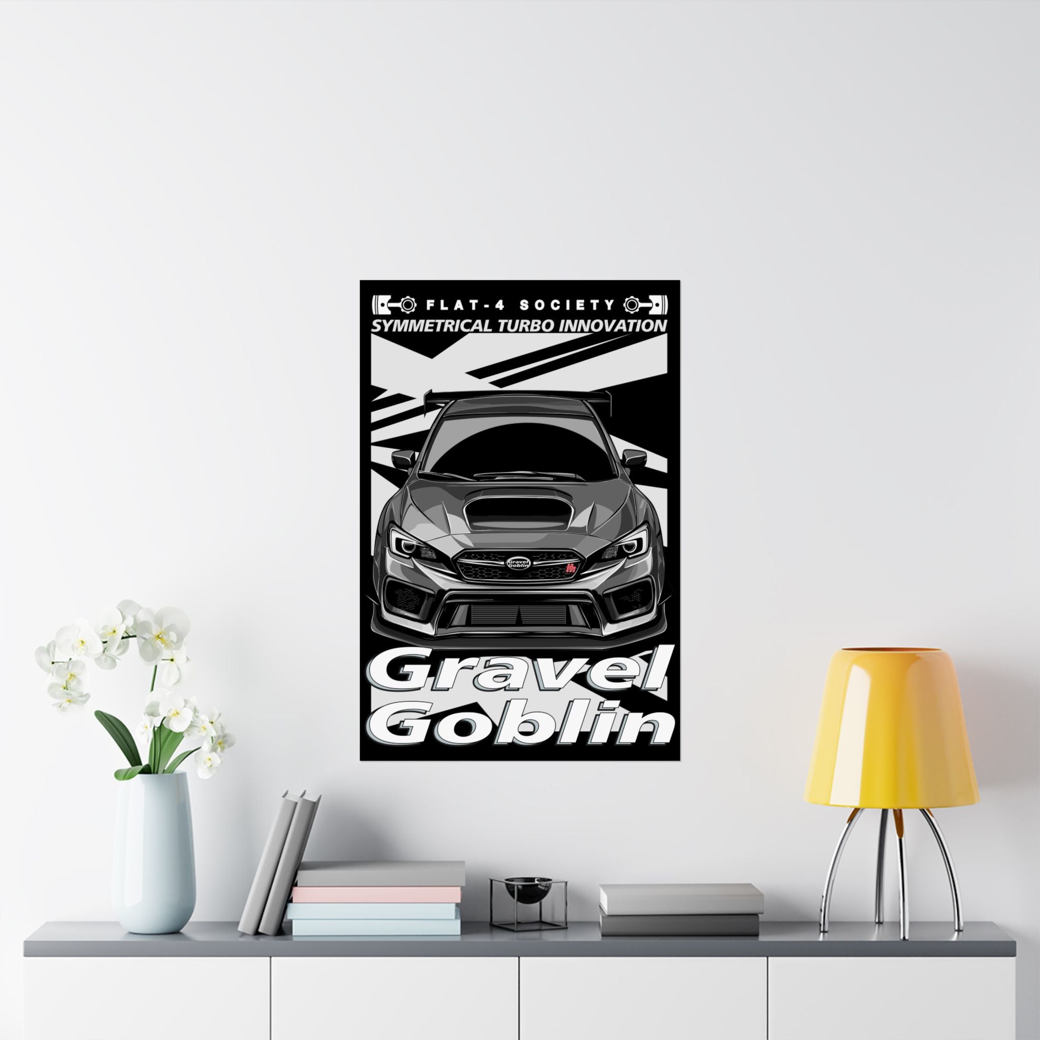 Gravel Goblin Matte Vertical Poster – Bold matte vertical poster displayed in a living room setting featuring a detailed Gravel Goblin rally car design with high-contrast graphics and sleek typography. Perfect for rally and Subaru enthusiasts.