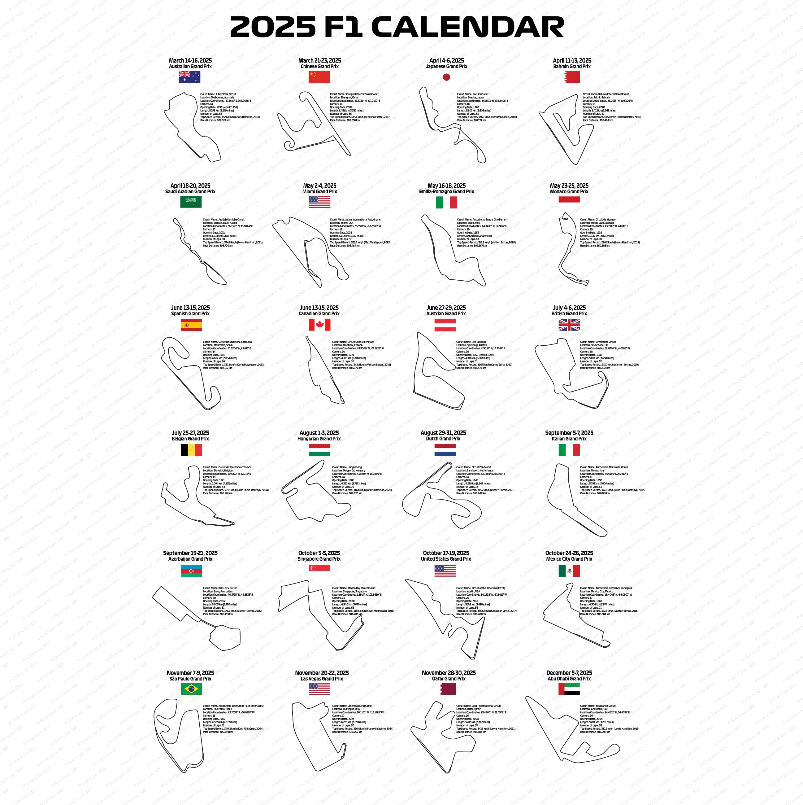 2025 Formula 1 Calendar Poster – Stylish vertical poster Design displaying the complete 2025 F1 race calendar with track layouts and dates. Ideal gift for F1 fans and motorsport enthusiasts.