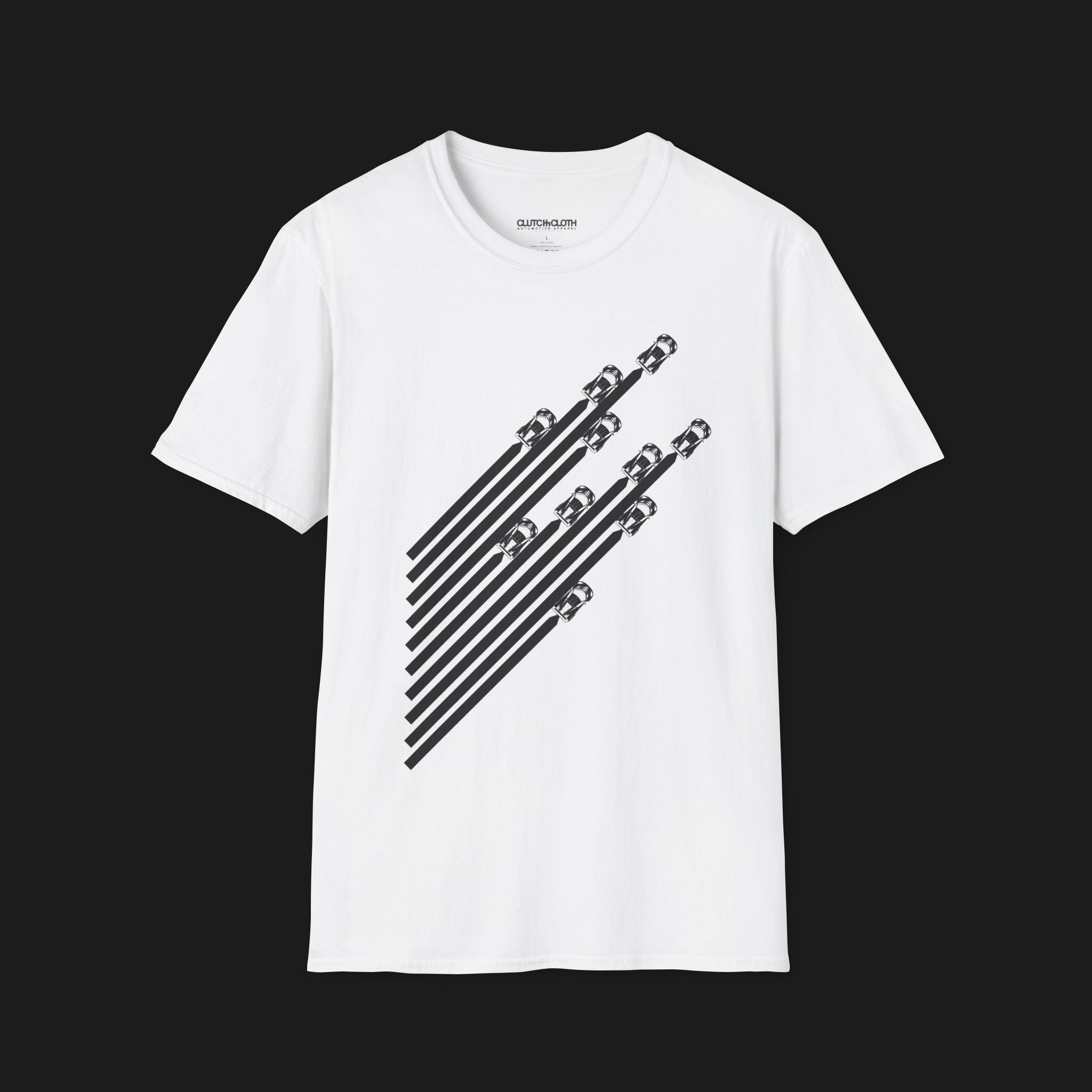 Front of V8 Racing Stripes Automotive Graphic T-Shirt – White unisex tee featuring a series of sleek black racing stripes with V8 cars in a diagonal formation. Perfect gift for motorsport and muscle car enthusiasts.