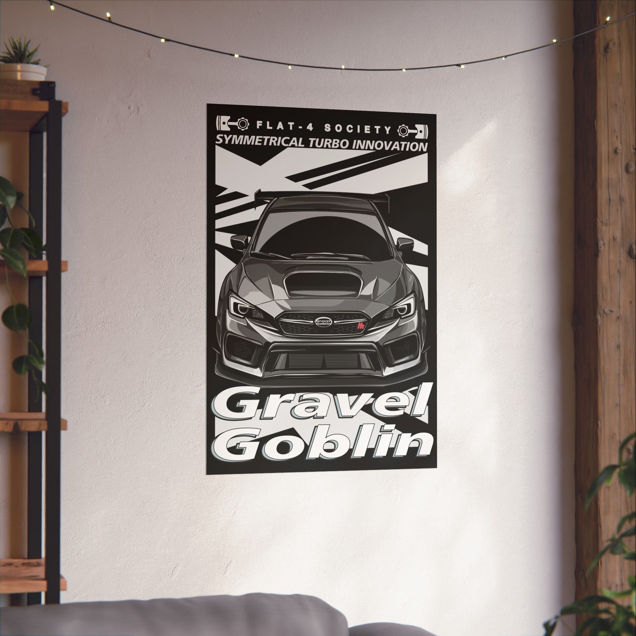 Gravel Goblin Matte Vertical Poster – Bold matte vertical poster displayed in a living room setting featuring a detailed Gravel Goblin rally car design with high-contrast graphics and sleek typography. Perfect for rally and Subaru enthusiasts.