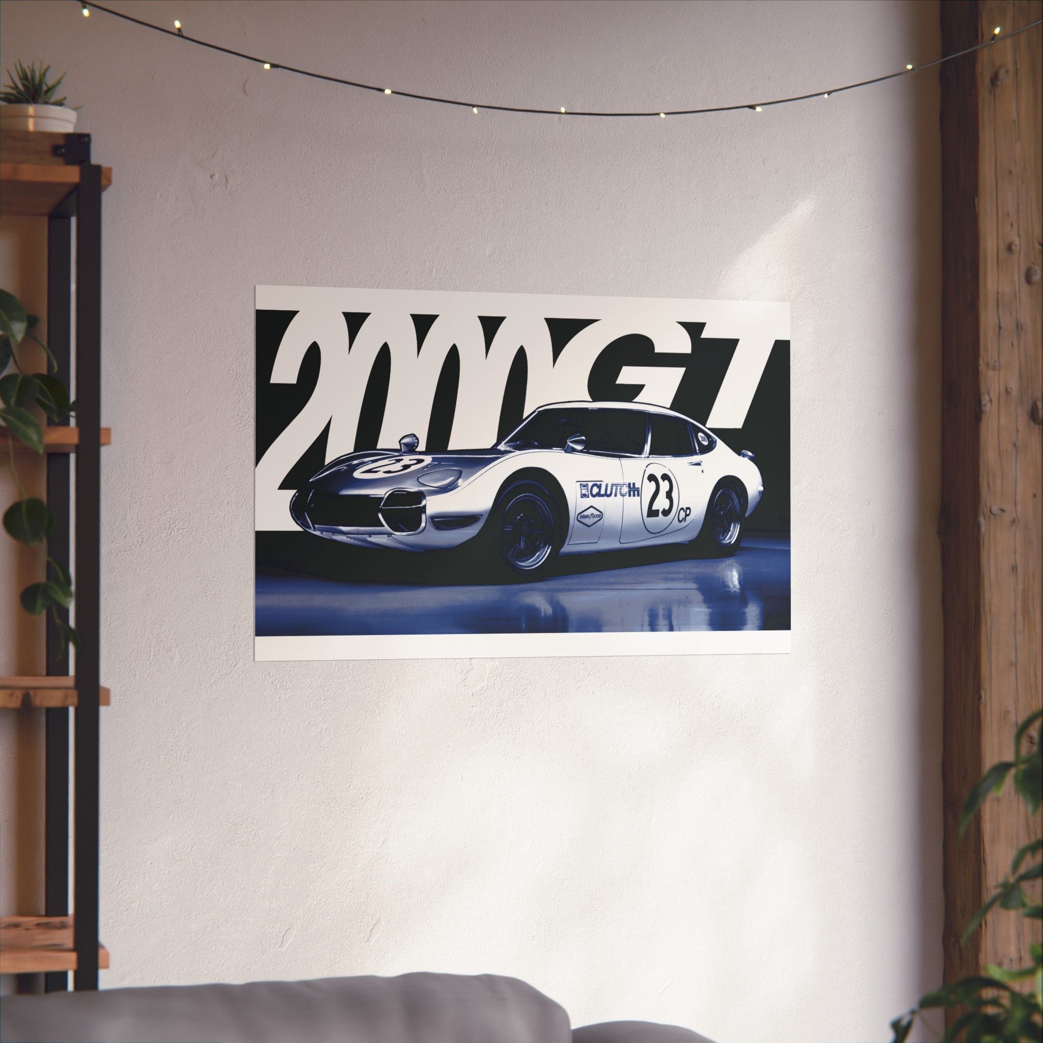 2000GT Matte Horizontal Poster – Stylish matte poster displayed in a living room featuring the iconic 2000GT race car with a bold background design. Ideal for JDM and vintage racing enthusiasts looking to elevate their space with automotive history.