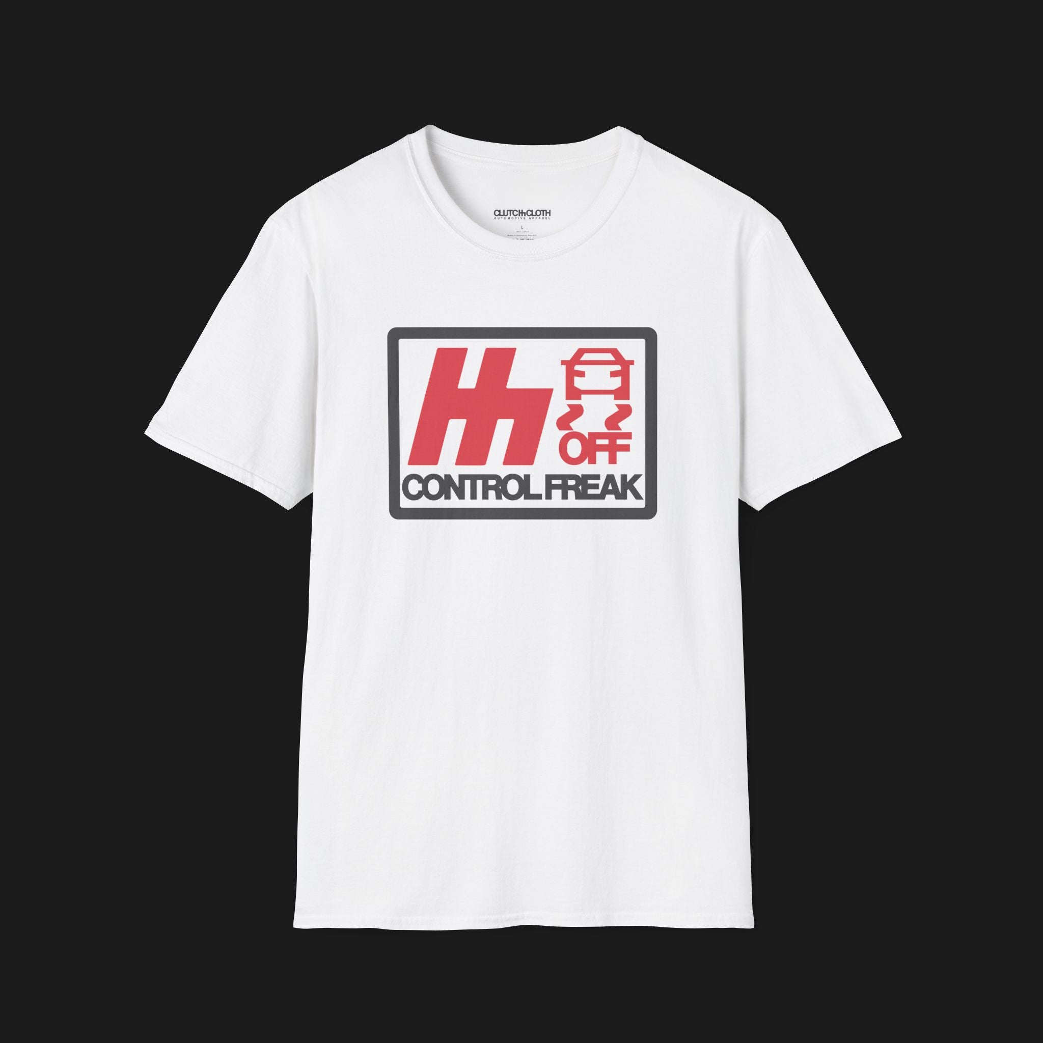 Front of Control Freak Automotive Graphic T-Shirt – White unisex tee with bold red 'H' logo, traction control off symbol, and 'Control Freak' text. Perfect gift for car lovers and driving enthusiasts.