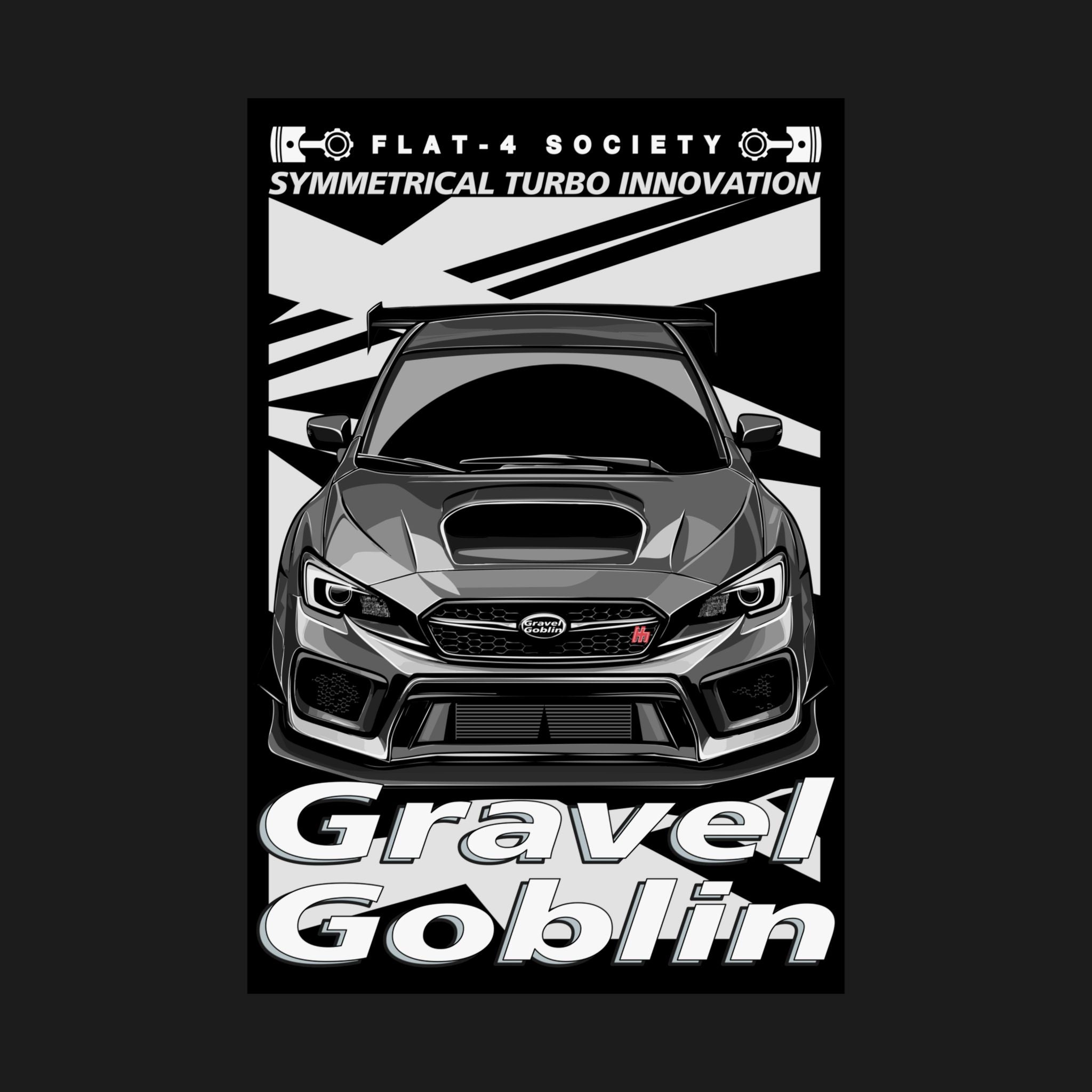 Gravel Goblin Matte Vertical Poster – Bold matte vertical poster featuring a detailed Gravel Goblin rally car design with high-contrast graphics and sleek typography. Perfect for rally and Subaru enthusiasts.
