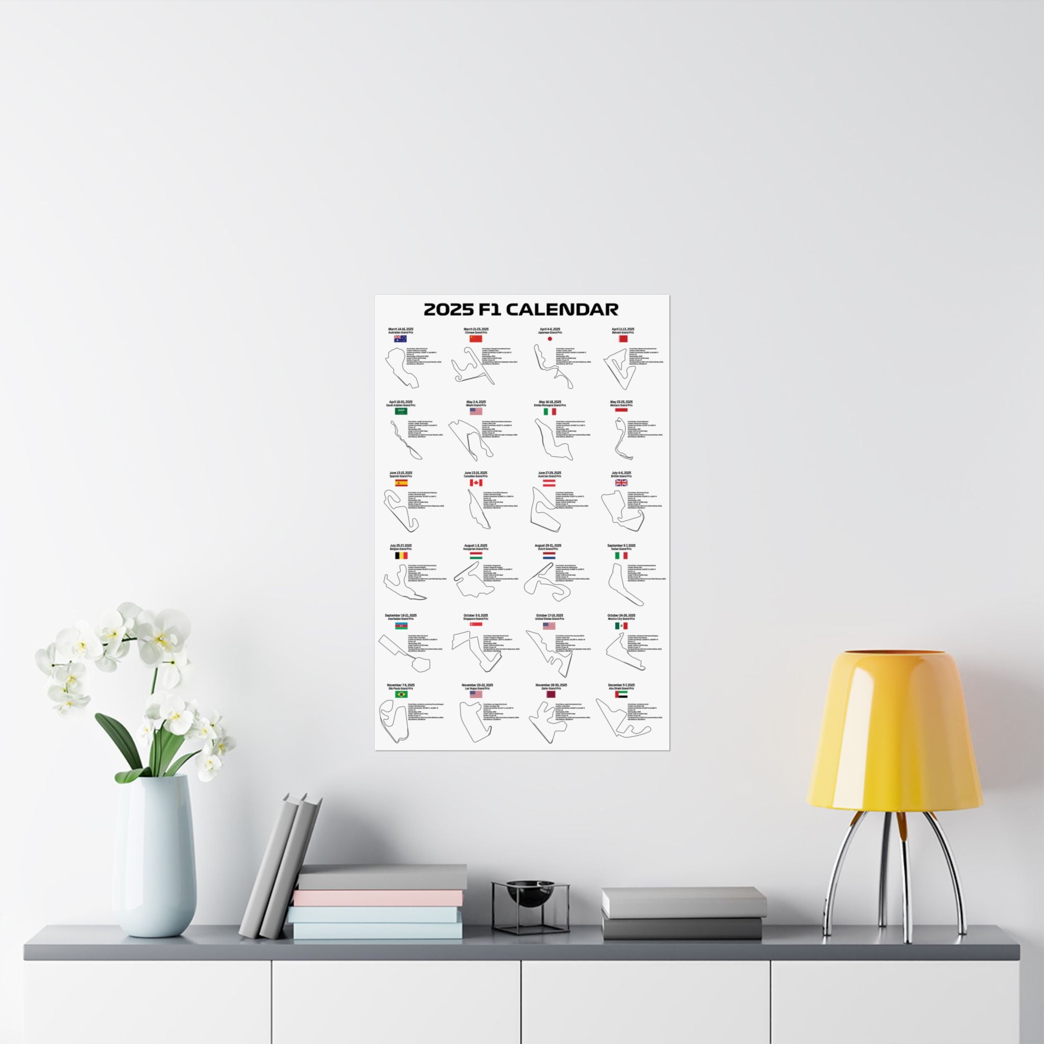 2025 Formula 1 Calendar Poster – Stylish vertical poster displaying the complete 2025 F1 race calendar with track layouts and dates in a living room setting. Ideal gift for F1 fans and motorsport enthusiasts.