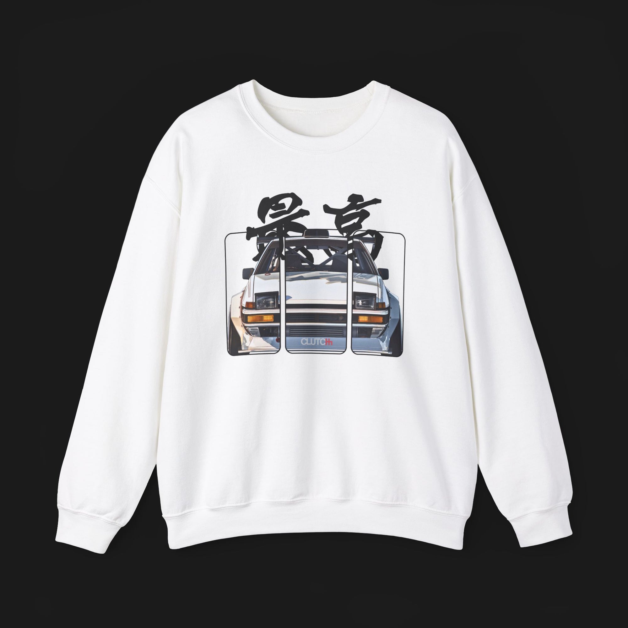 Front of AE86 Automotive Graphic Crewneck – White unisex crewneck sweater featuring a front graphic of a white AE86 car with red Japanese text background design. Perfect for JDM enthusiasts and car lovers.