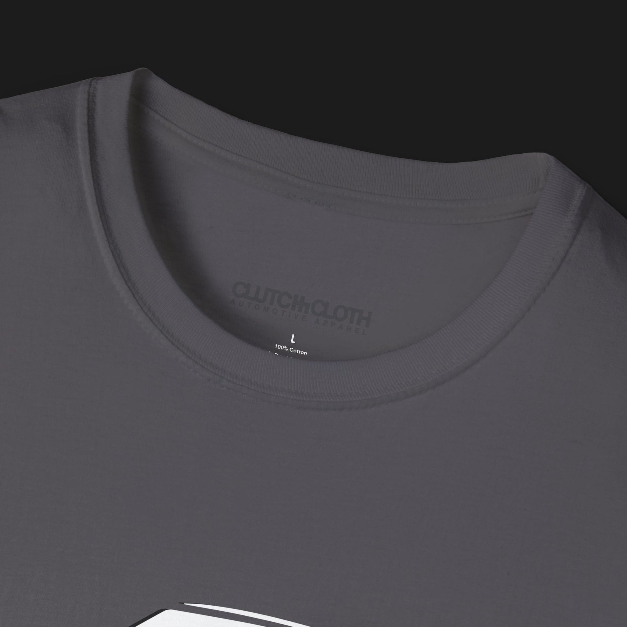 Collar of Monster Classic SS V8 Automotive Graphic T-Shirt – Charcoal unisex tee featuring a sleek outline graphic of a classic SS V8 muscle car. A stylish gift for muscle car lovers and vintage car enthusiasts.