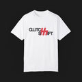 Front angle of Clutch Shift Automotive Graphic T-Shirt – White tee with "Clutch Shift" text and red gear shift design. Perfect gift for car enthusiasts and motorsport fans.