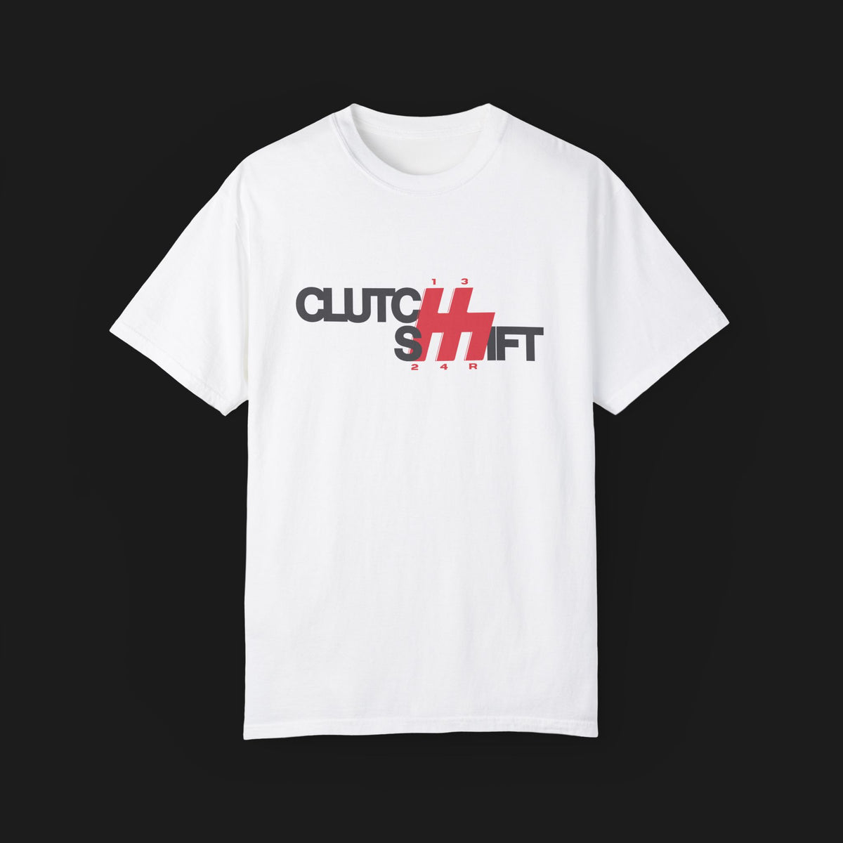 Front angle of Clutch Shift Automotive Graphic T-Shirt – White tee with &quot;Clutch Shift&quot; text and red gear shift design. Perfect gift for car enthusiasts and motorsport fans.