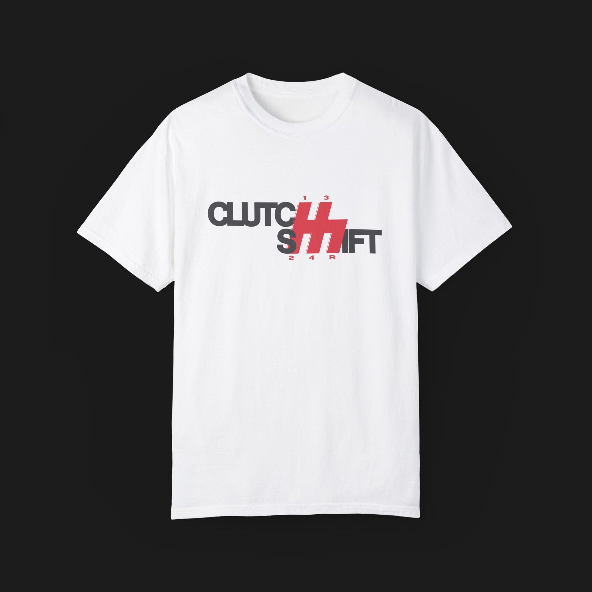 Front angle of Clutch Shift Automotive Graphic T-Shirt – White tee with "Clutch Shift" text and red gear shift design. Perfect gift for car enthusiasts and motorsport fans.
