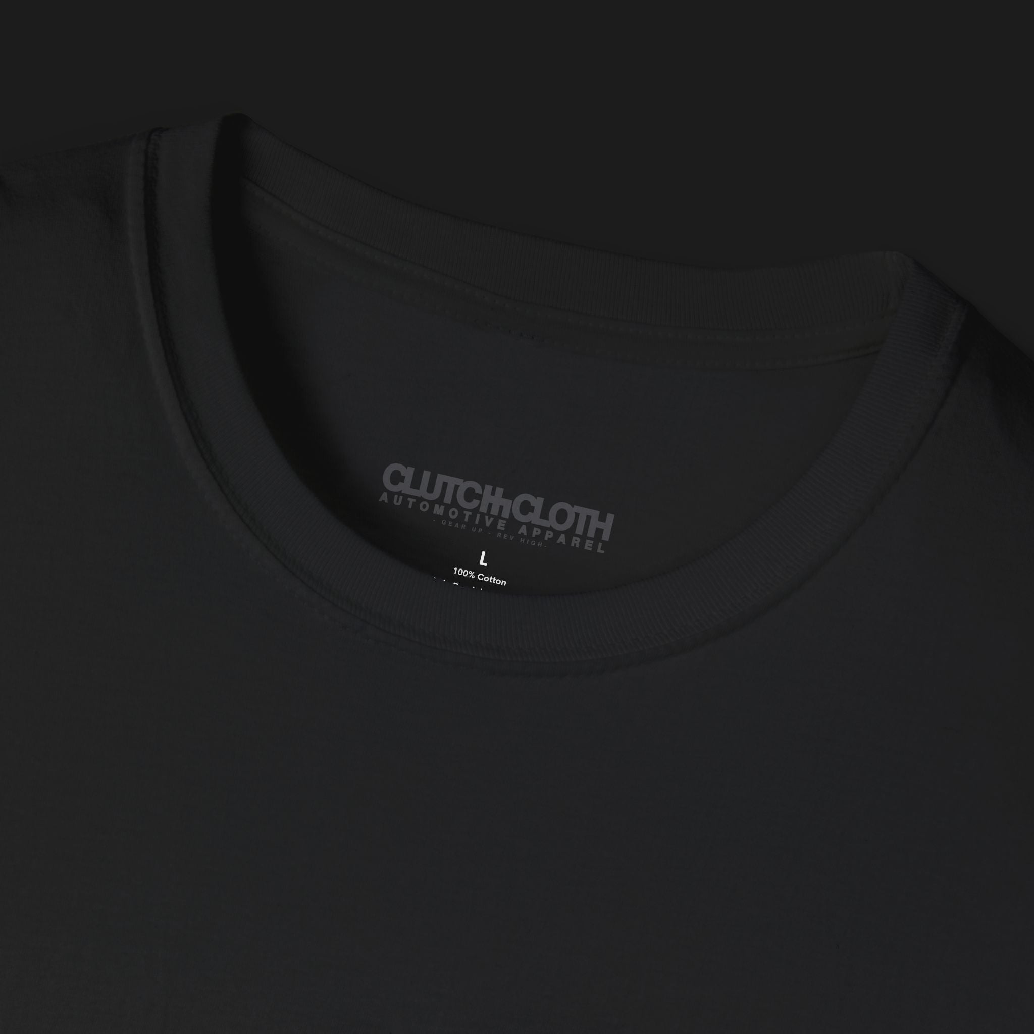 Collar of Clutch Gated H Shifter Automotive Graphic T-Shirt – Black unisex tee with a minimalist red 'H' shifter logo on the left chest. Ideal gift for car enthusiasts and motorsport lovers.