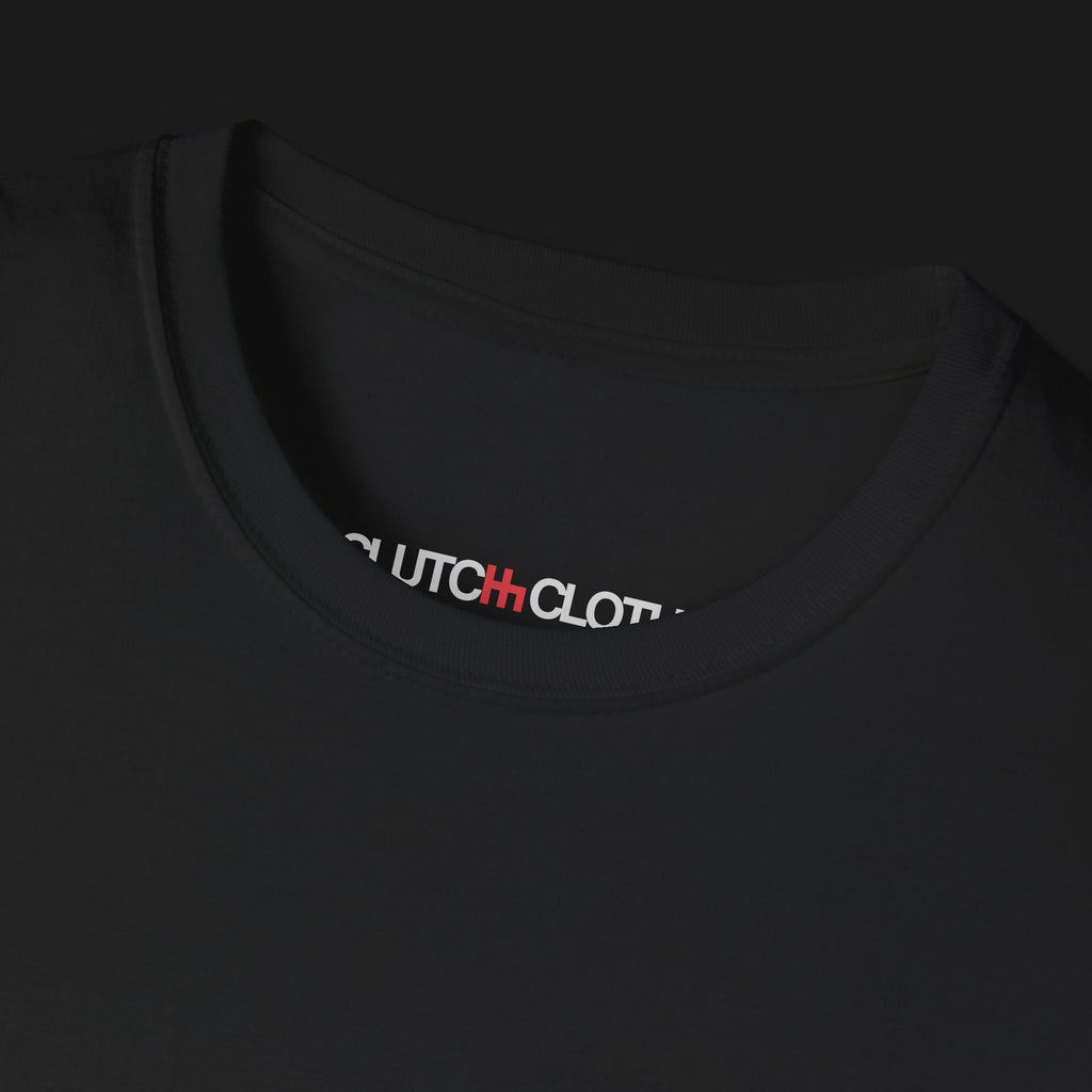 Clutch Motorsports Automotive Graphic T-Shirt Collar – Black unisex tee featuring a bold geometric motorsports-inspired design on the back. A perfect gift for car enthusiasts and racing fans.