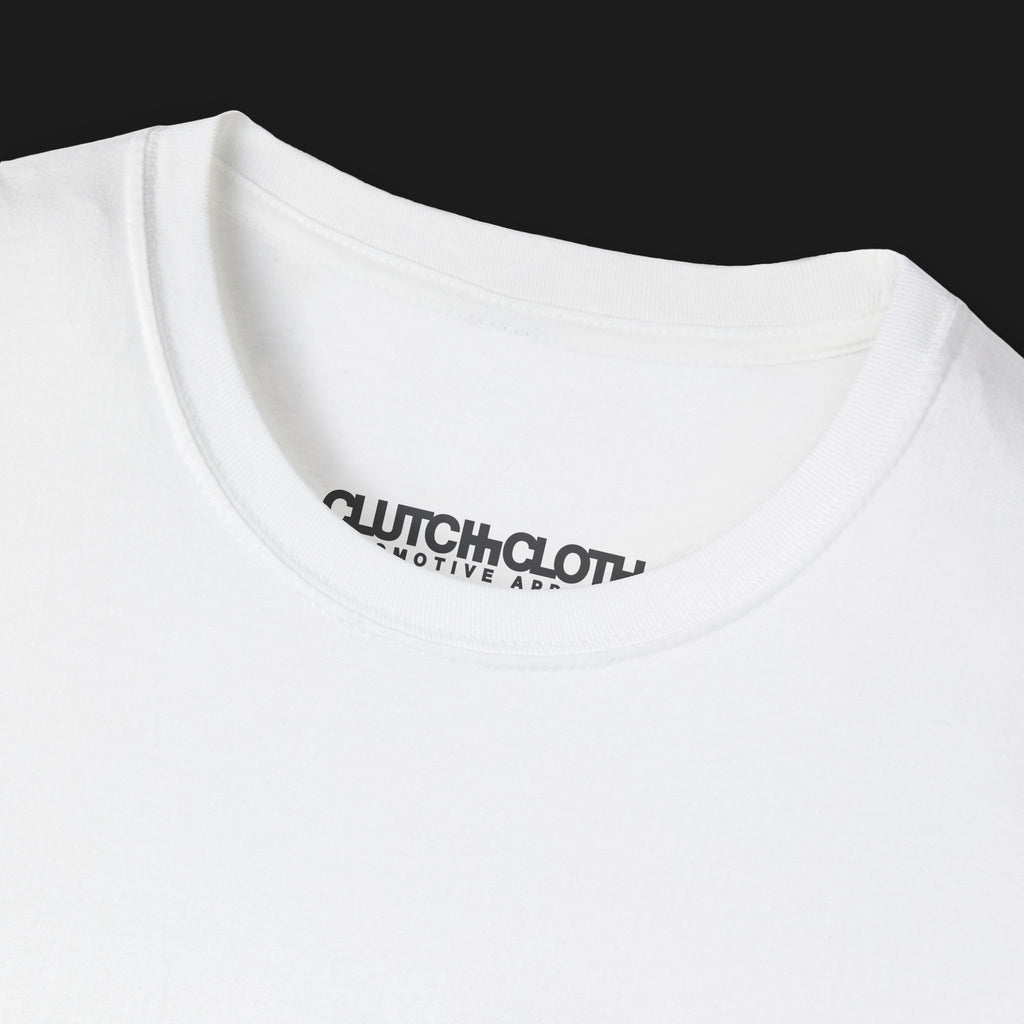 Clutch Motorsports Automotive Graphic T-Shirt Collar – White unisex tee featuring a bold geometric motorsports-inspired design on the back. A perfect gift for car enthusiasts and racing fans.