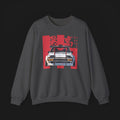 Front of AE86 Automotive Graphic Crewneck – Dark grey unisex crewneck sweater featuring a front graphic of a white AE86 car with red Japanese text background design. Perfect for JDM enthusiasts and car lovers.