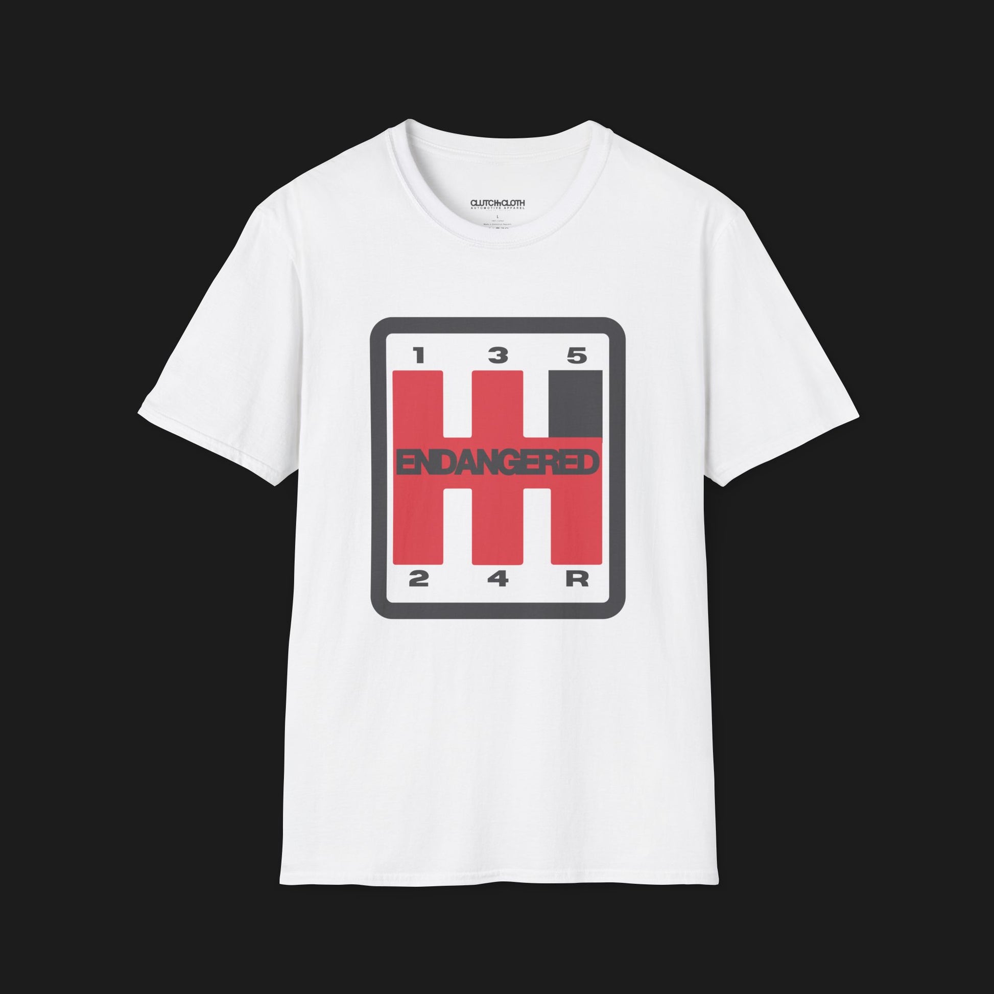 Front angle of Endangered Species Shifter Automotive Graphic T-Shirt – White unisex tee featuring a bold manual gear shift design with 'Endangered' text. A perfect gift for stick shift enthusiasts and car lovers.