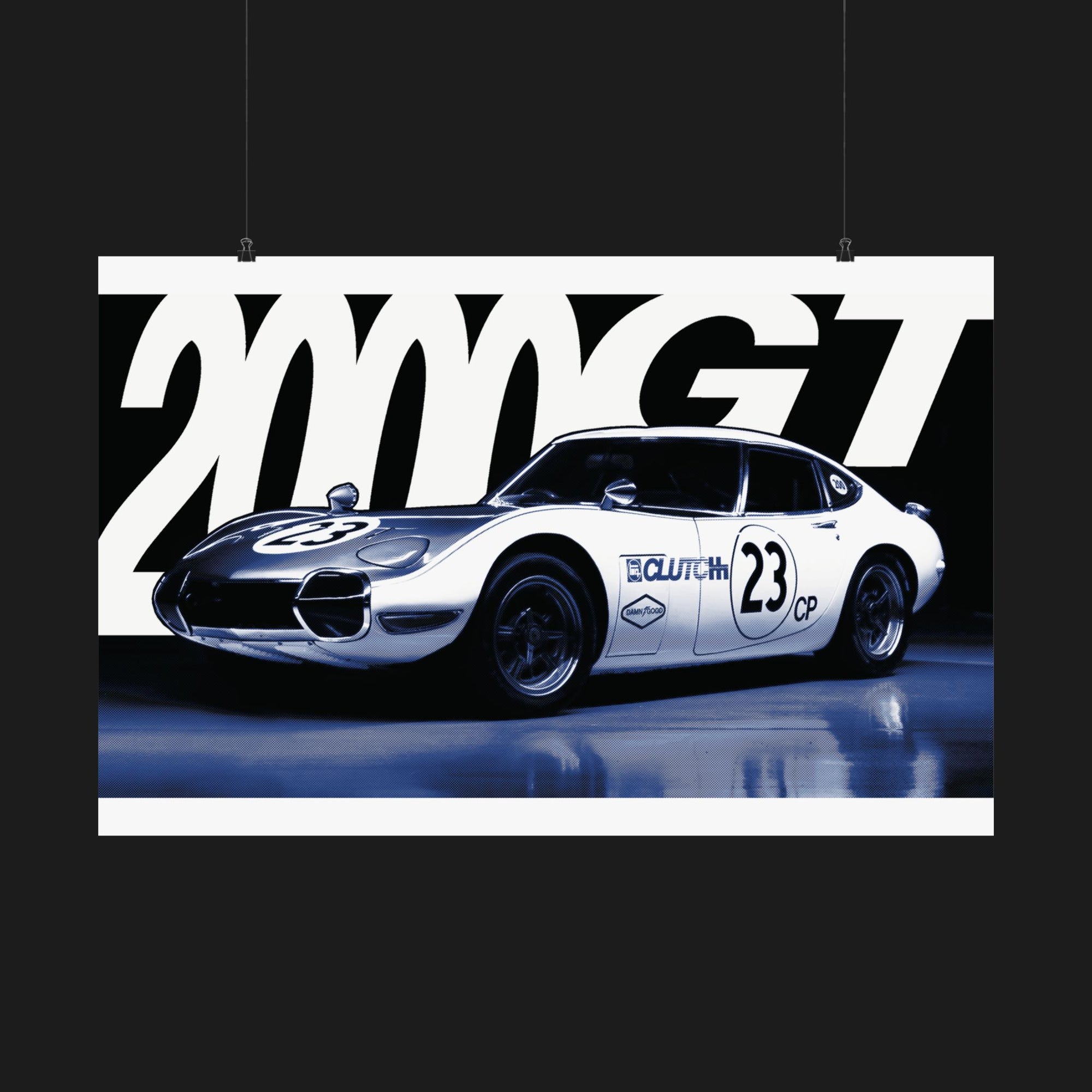 2000GT Matte Horizontal Poster – Stylish matte poster featuring the iconic 2000GT race car with a bold background design. Ideal for JDM and vintage racing enthusiasts looking to elevate their space with automotive history.