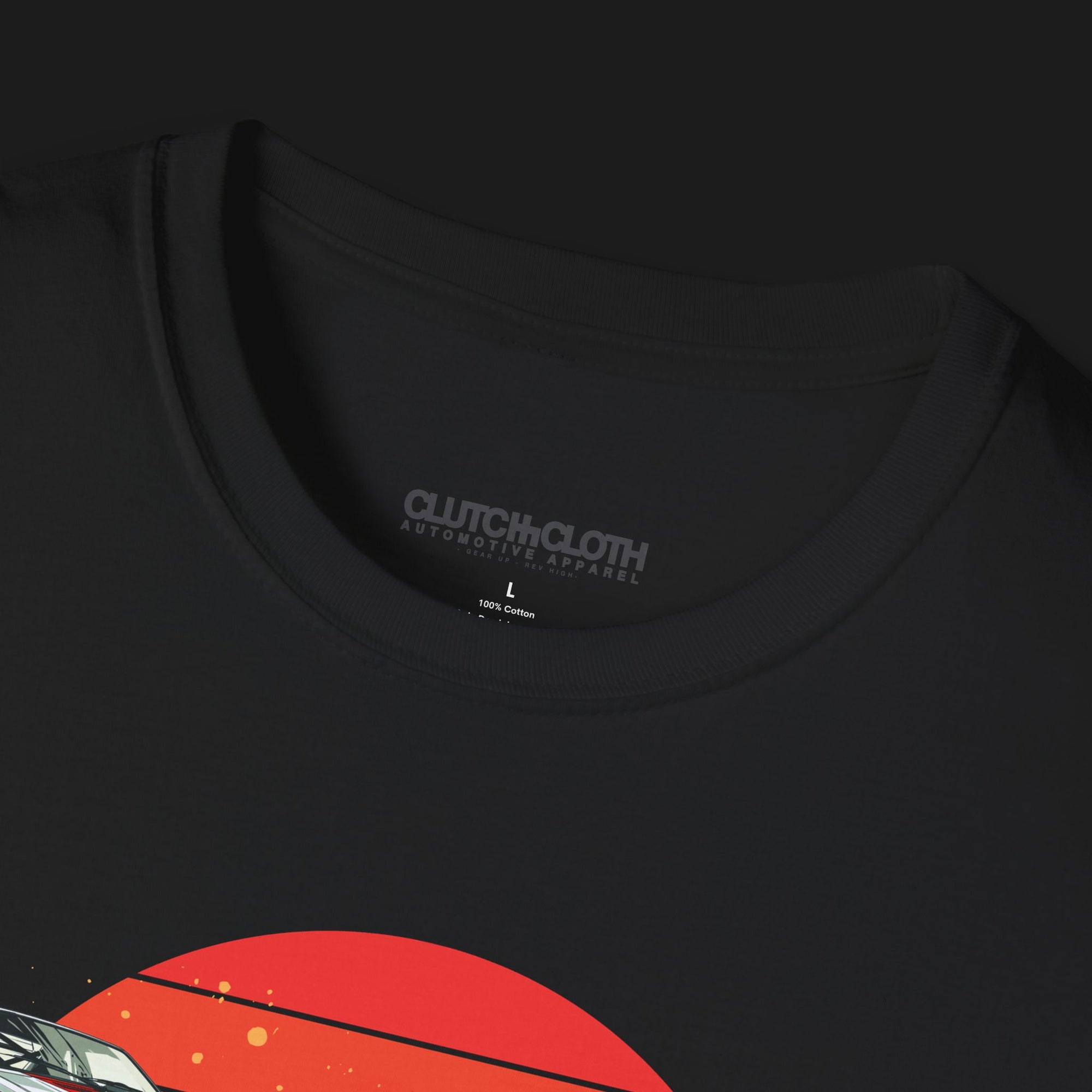 Collar of Racing Sport Rally Sunset Automotive Graphic T-Shirt – Black unisex tee featuring a rally car and a vintage car against a bold sunset background in shades of red, orange, and yellow. Ideal gift for car and motorsport enthusiasts.