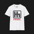 Front of PRNDL Shifter Automotive Graphic T-Shirt – White unisex tee featuring a grey gated shifter graphic with 'PRNDL' in red. Ideal gift for car enthusiasts and manual transmission fans.