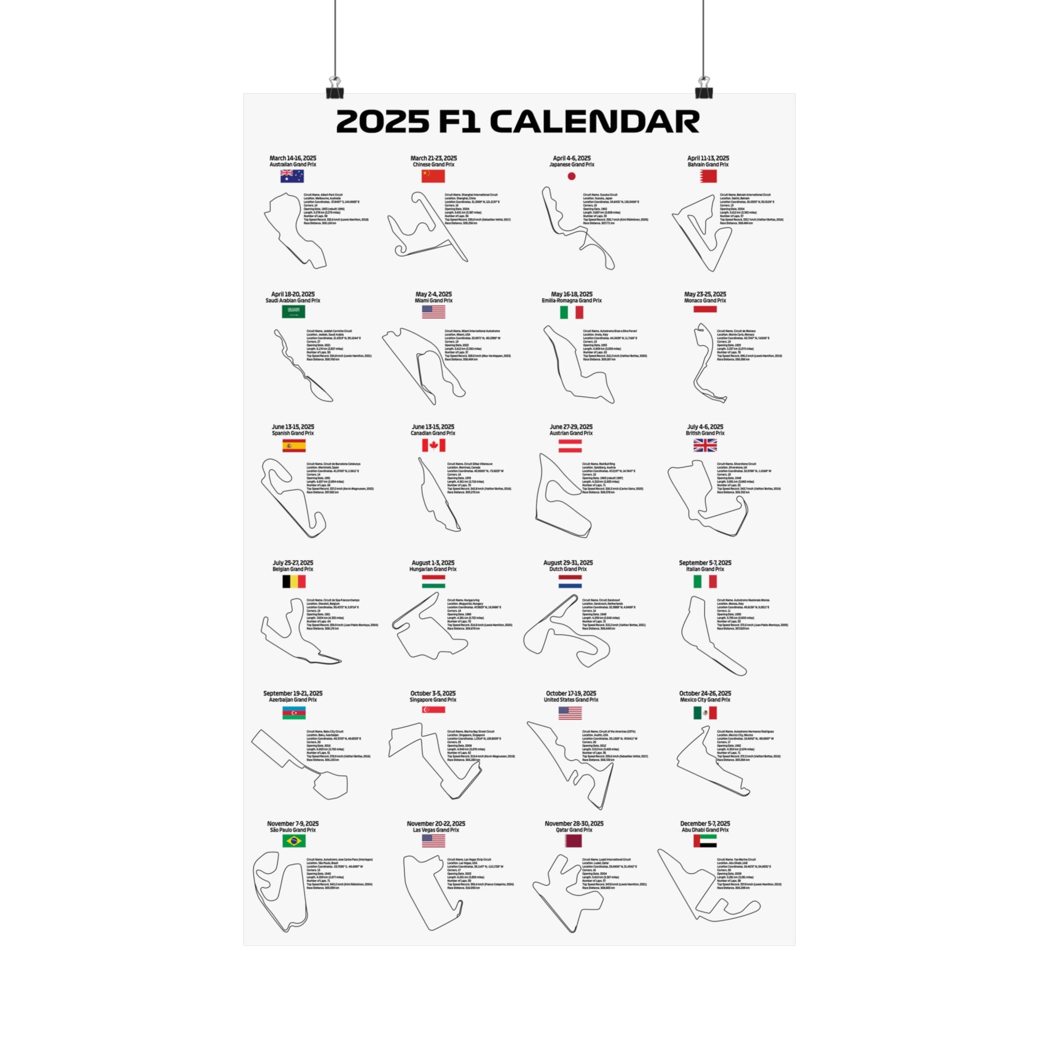 2025 Formula 1 Calendar Poster – Stylish vertical poster displaying the complete 2025 F1 race calendar with track layouts and dates. Ideal gift for F1 fans and motorsport enthusiasts.