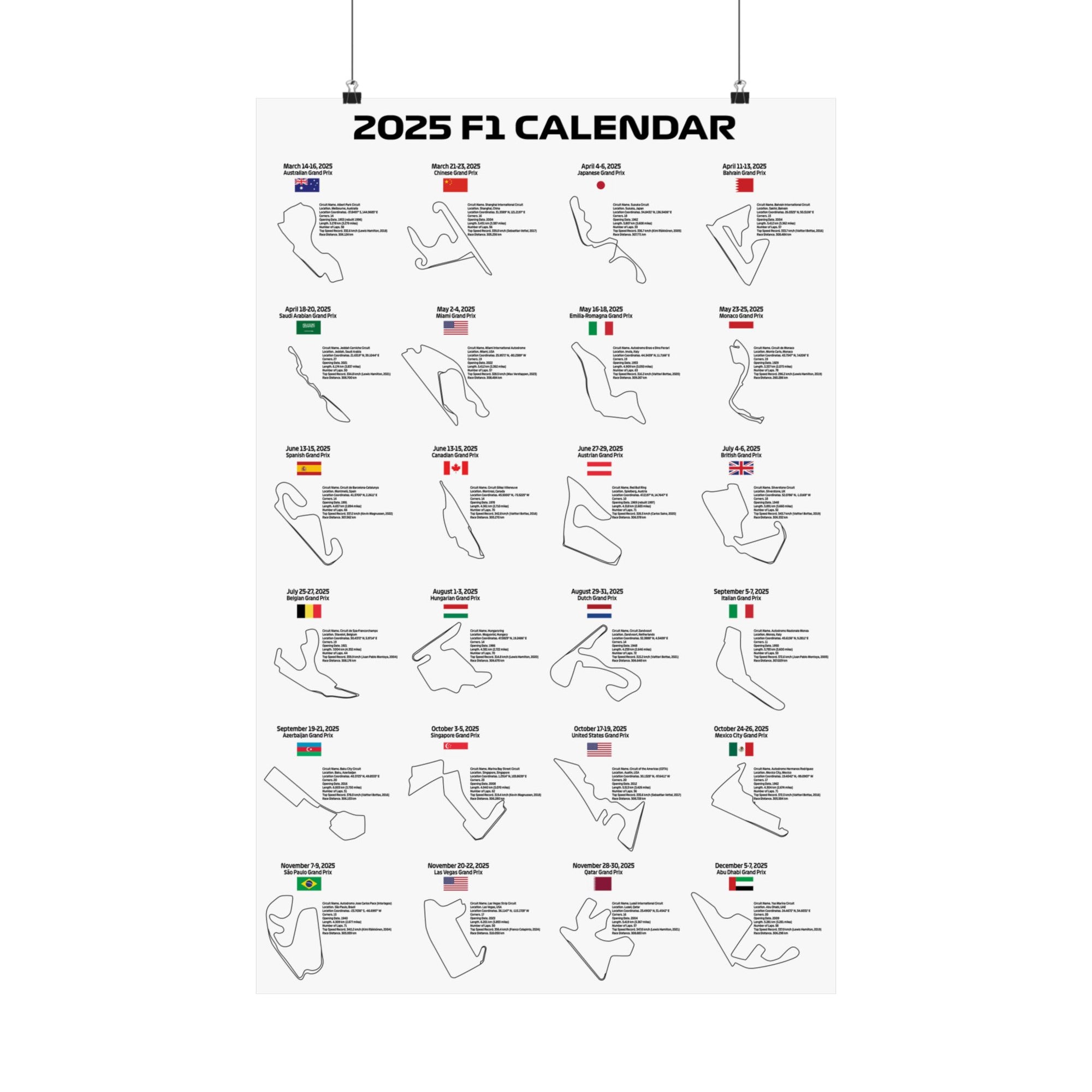 2025 Formula 1 Calendar Poster – Stylish vertical poster displaying the complete 2025 F1 race calendar with track layouts and dates. Ideal gift for F1 fans and motorsport enthusiasts.