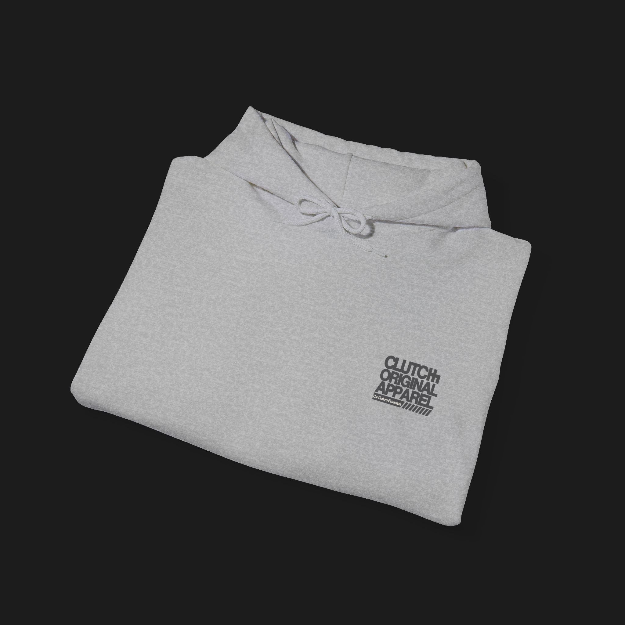 Folded Front Clutch Retro Automotive Hoodie – Sport Grey unisex hoodie featuring a minimalist 'Clutch' logo with geometric shapes in beige and black outlines. Perfect for car enthusiasts and everyday casual wear.