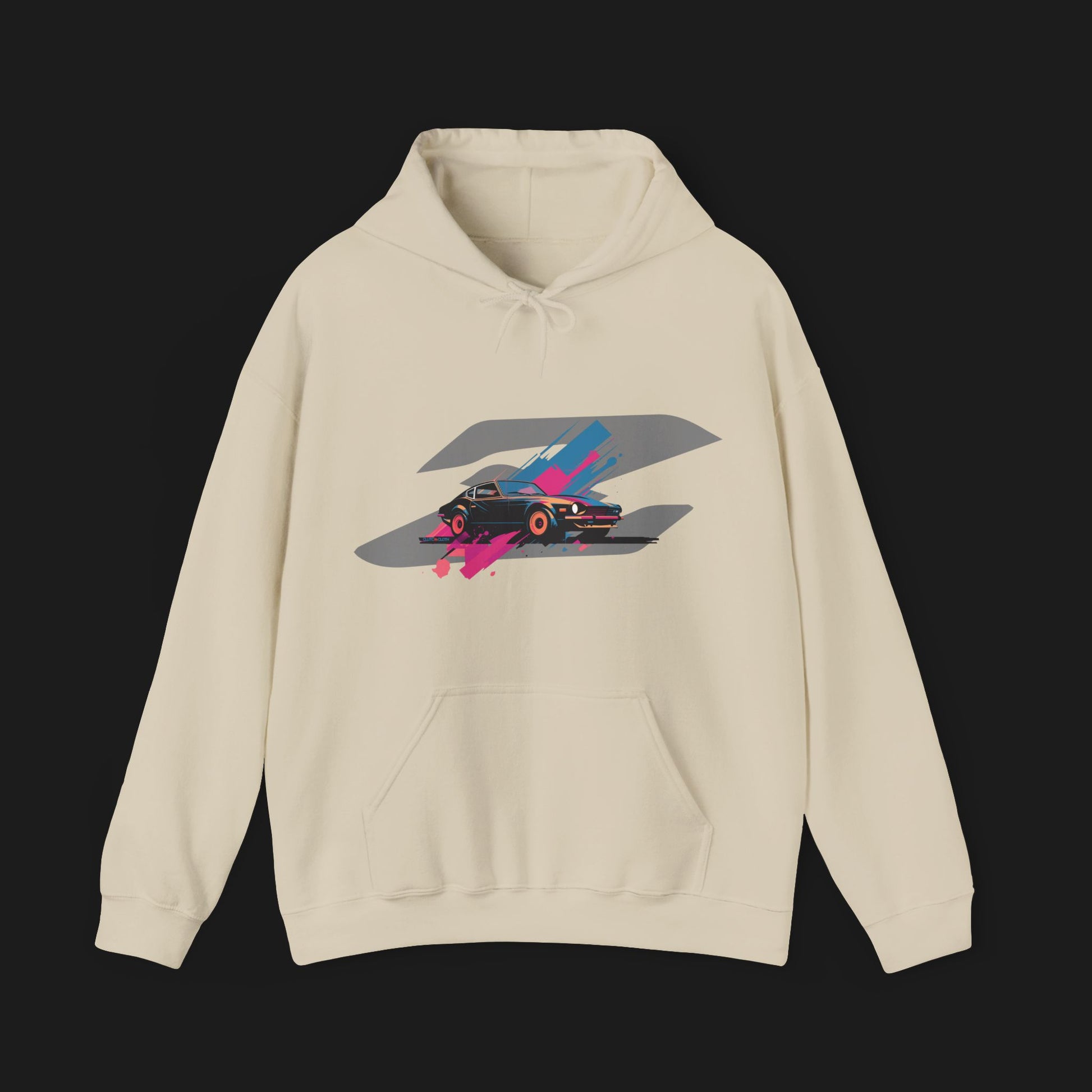 Front of Retro 280Z Automotive Graphic Hoodie – Sand unisex hoodie featuring a colorful retro design of a Nissan 280Z with vibrant pink, blue, and gray geometric background. Ideal for classic JDM and car lovers.