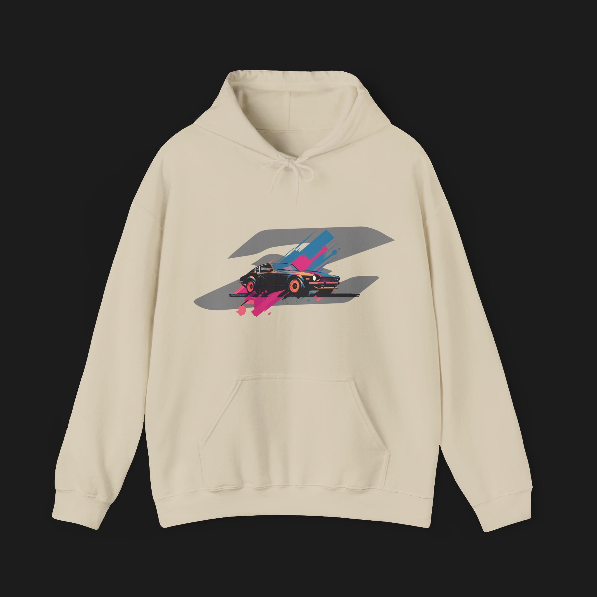 Front of Retro 280Z Automotive Graphic Hoodie – Sand unisex hoodie featuring a colorful retro design of a Nissan 280Z with vibrant pink, blue, and gray geometric background. Ideal for classic JDM and car lovers.