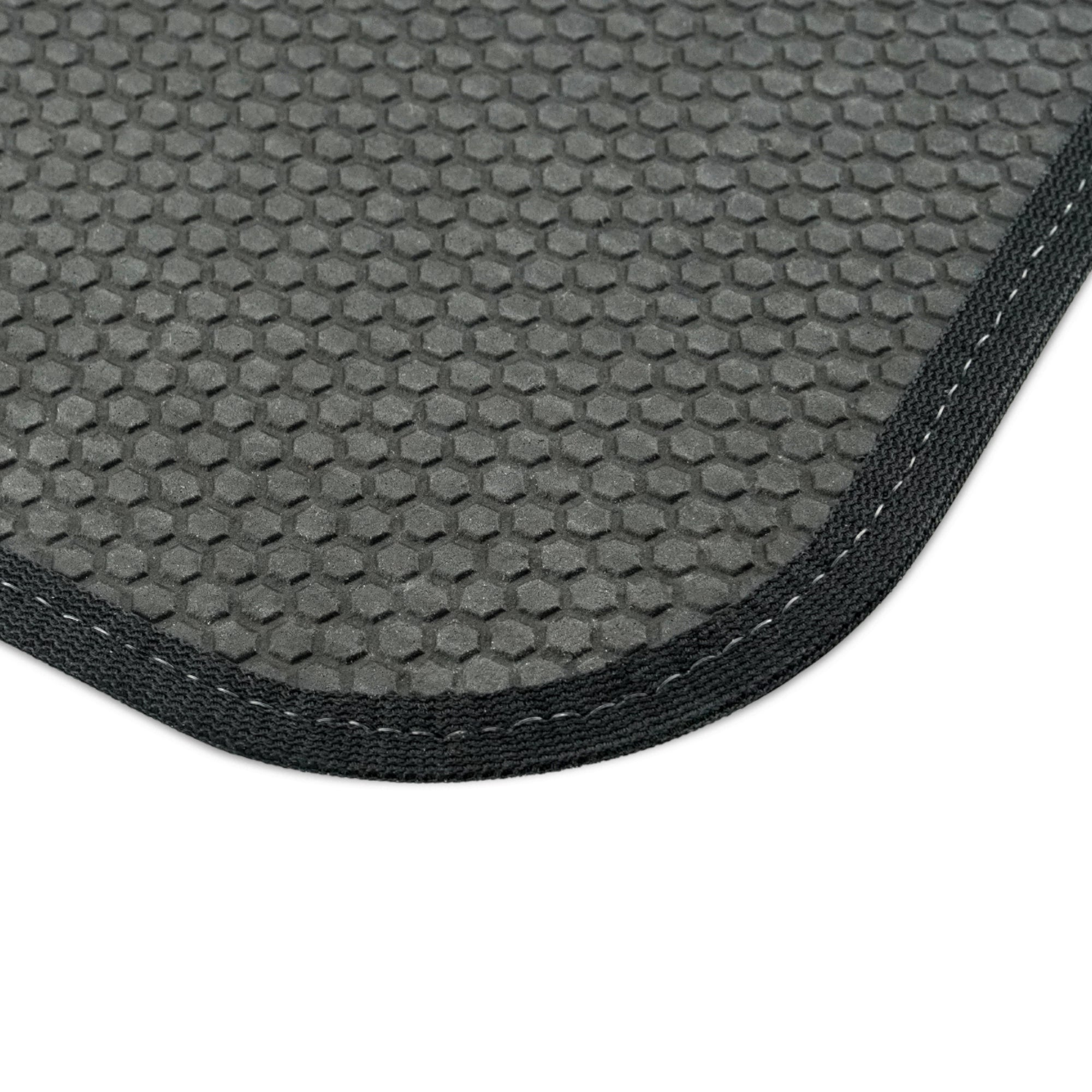 Close up of fabric and stritching on Clutch Car Mat Set – Premium set of 4 black car mats featuring the Clutch logo and "Gear Up, Rev High" tagline. Designed for durability and style, perfect for automotive enthusiast