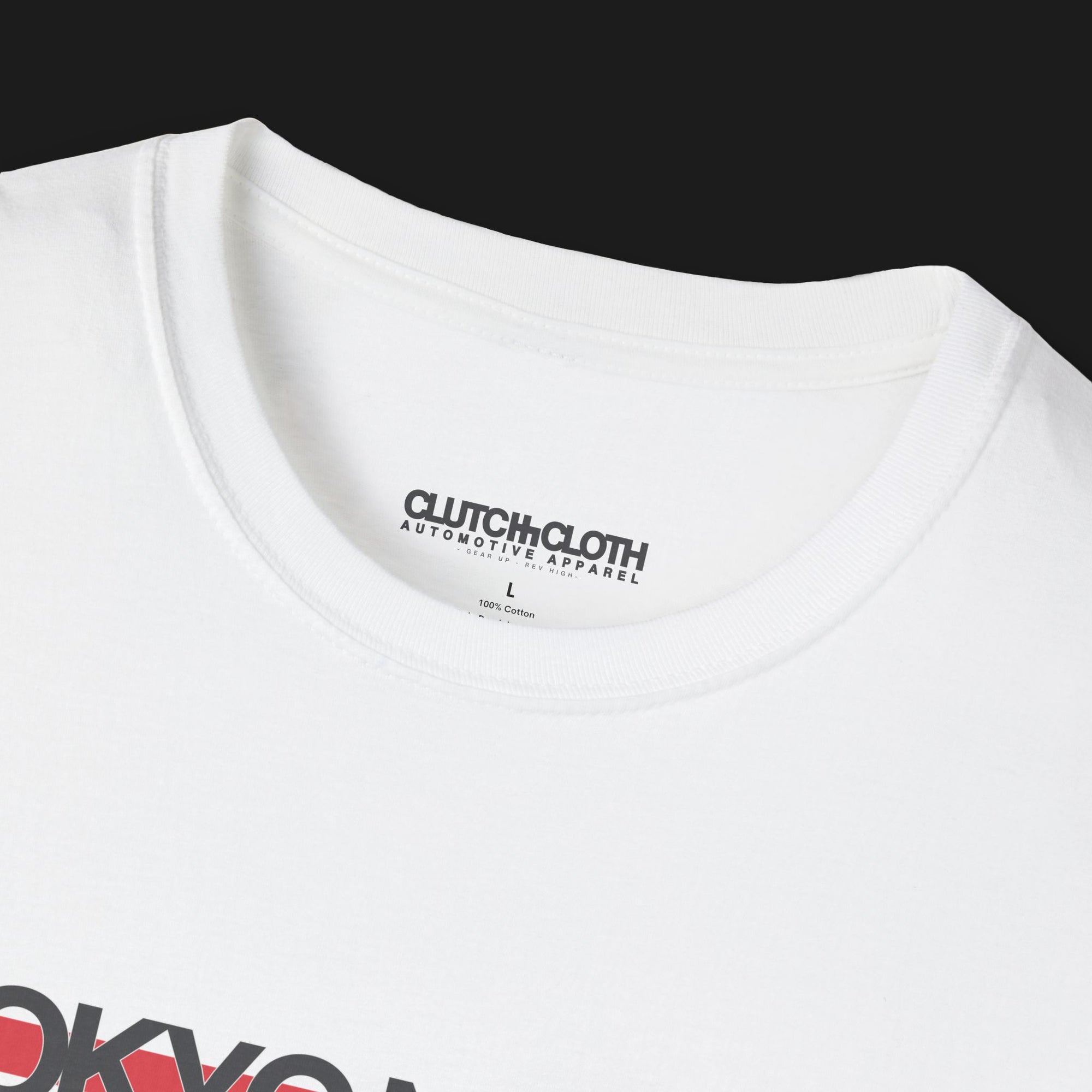 Collar of Tokyo Nights Automotive Graphic T-Shirt – White unisex tee featuring 'Tokyo Nights' in white and red with Japanese characters representing speed, freedom, and unity. Ideal gift for JDM fans and street racing enthusiasts.