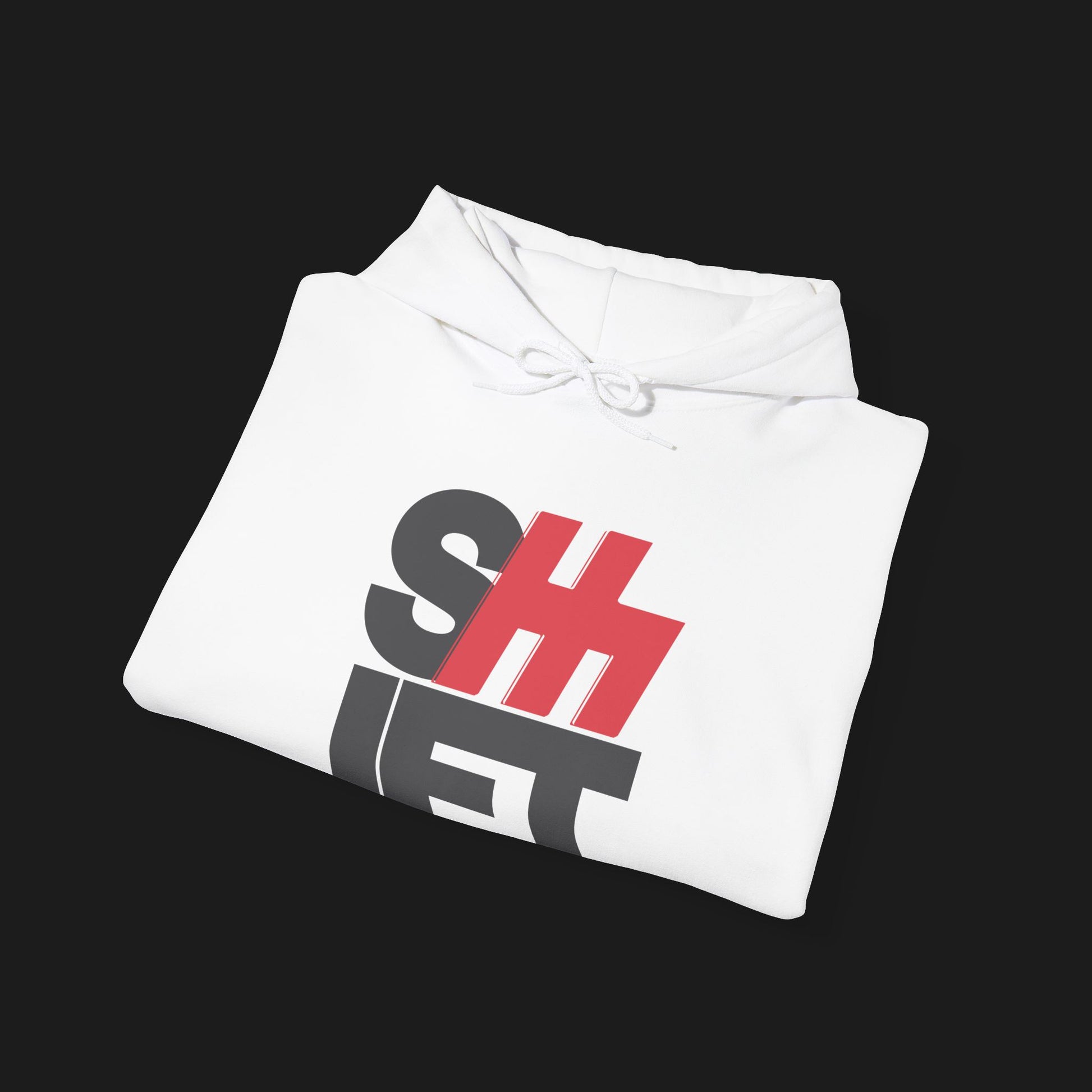 Folded Front of SHIFT - ClutchCloth Classic Automotive Pullover Hoodie – White unisex hoodie featuring bold black and red 'SHIFT' graphic with a stylized clutch design. Ideal for car lovers and streetwear fans