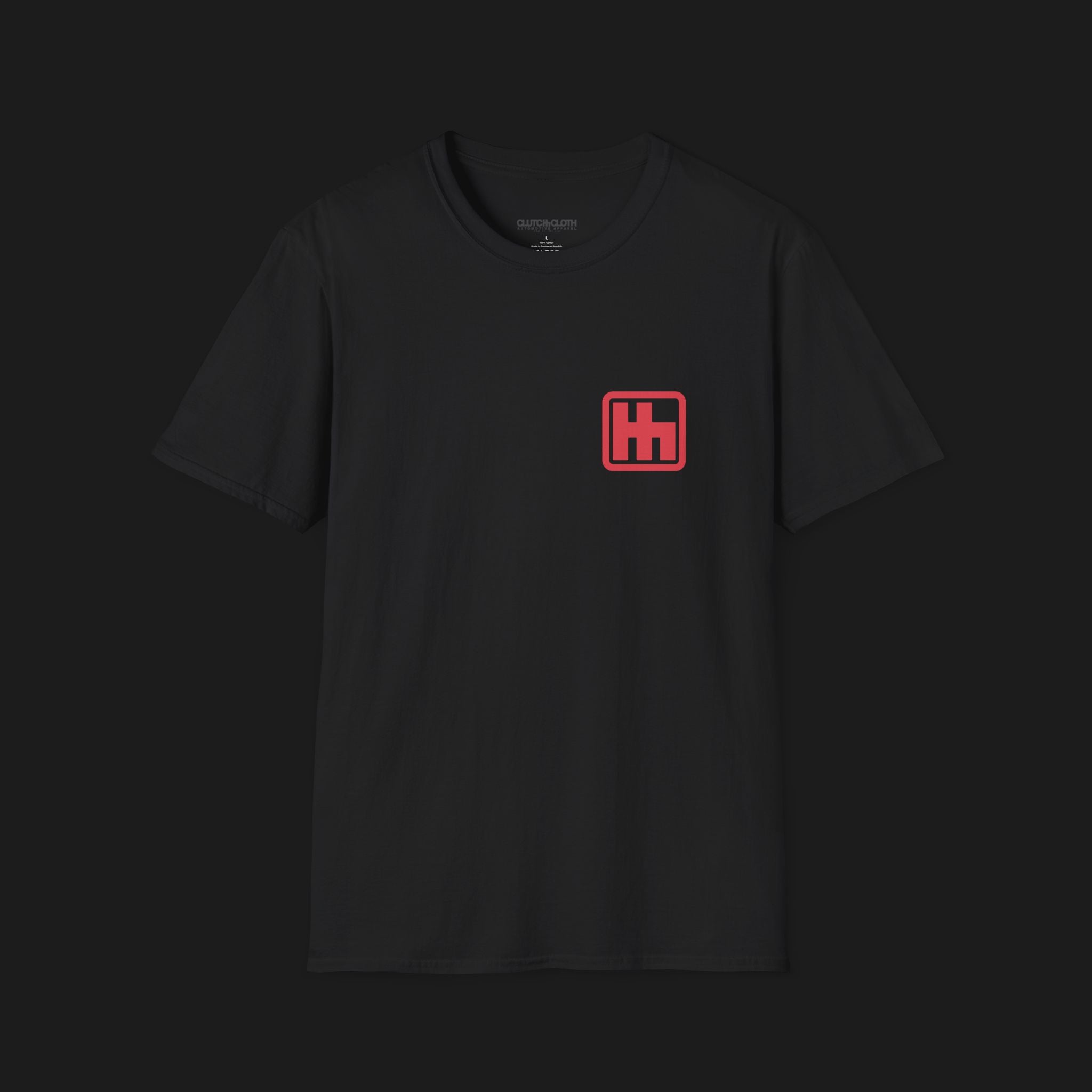 Front of Clutch Gated H Shifter Automotive Graphic T-Shirt – Black unisex tee with a minimalist red 'H' shifter logo on the left chest. Ideal gift for car enthusiasts and motorsport lovers.