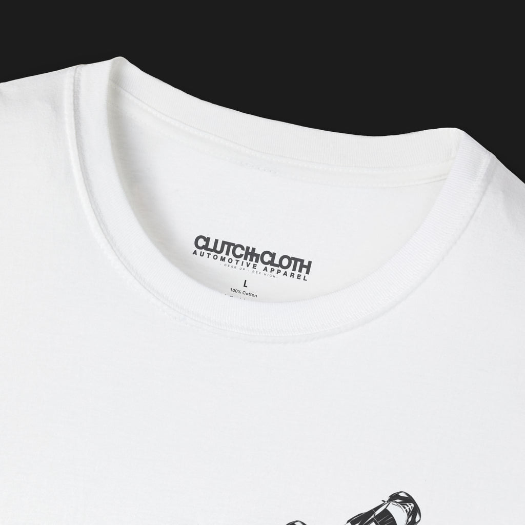 Collar of V8 Racing Stripes Automotive Graphic T-Shirt – White unisex tee featuring a series of sleek black racing stripes with V8 cars in a diagonal formation. Perfect gift for motorsport and muscle car enthusiasts.