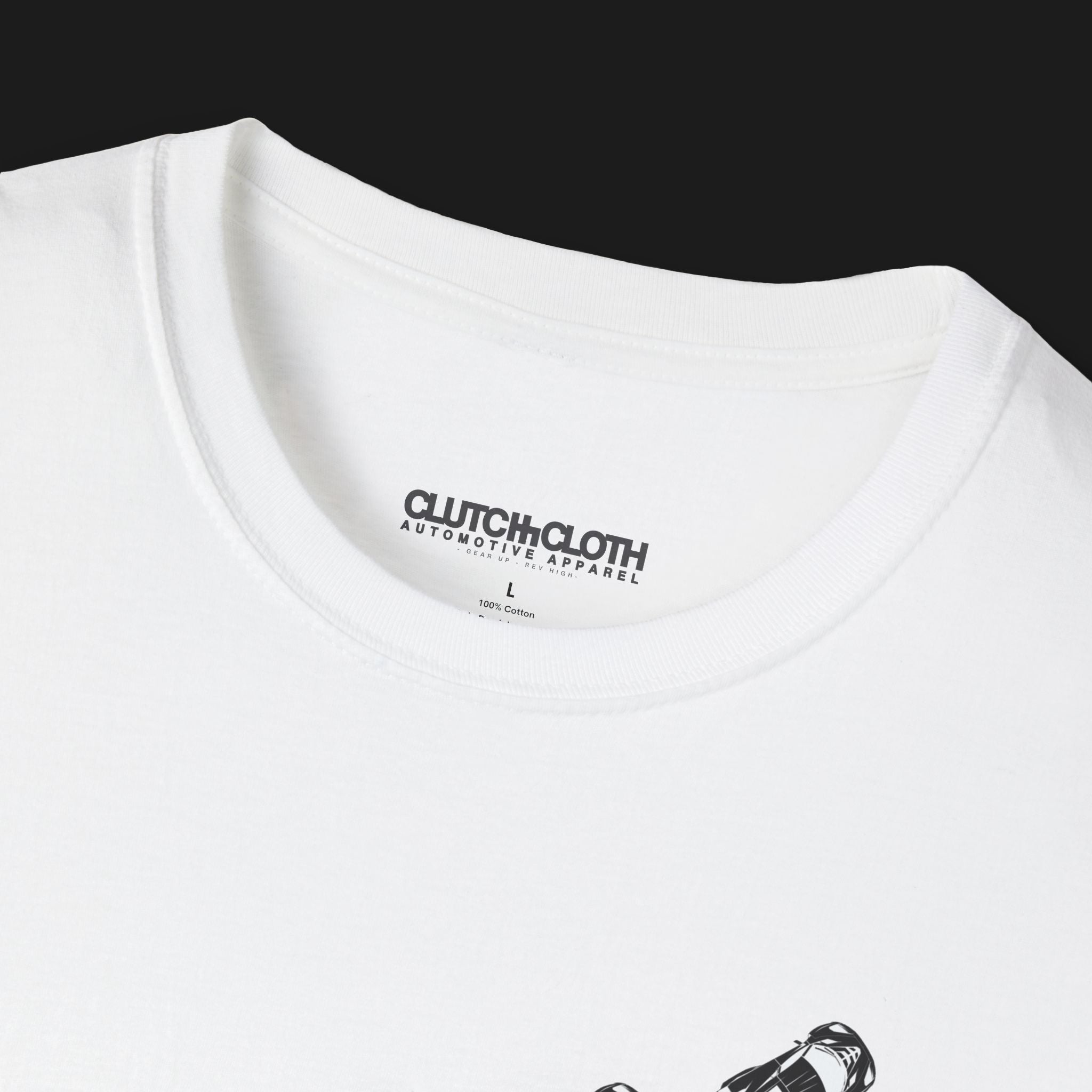Collar of V8 Racing Stripes Automotive Graphic T-Shirt – White unisex tee featuring a series of sleek black racing stripes with V8 cars in a diagonal formation. Perfect gift for motorsport and muscle car enthusiasts.