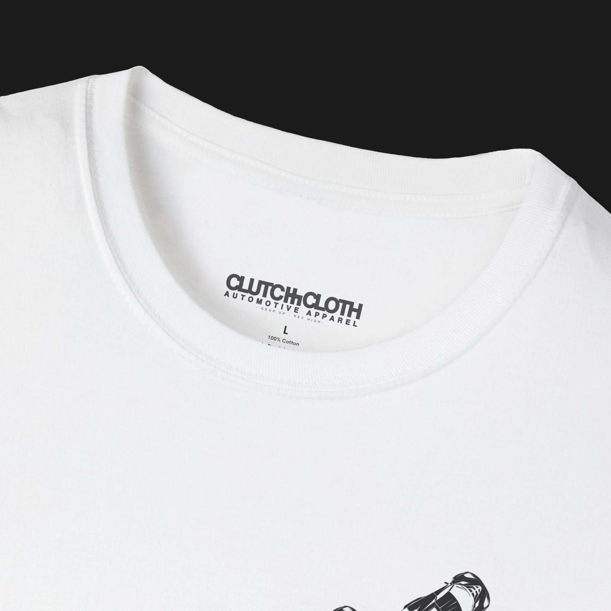 Collar of V8 Racing Stripes Automotive Graphic T-Shirt – White unisex tee featuring a series of sleek black racing stripes with V8 cars in a diagonal formation. Perfect gift for motorsport and muscle car enthusiasts.