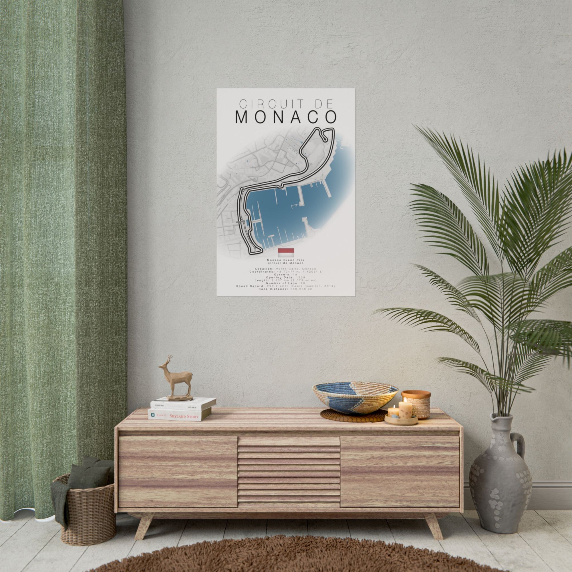 Circuit de Monaco F1 Track Details Poster in a Living Room Setting – Stylish automotive poster featuring the Monaco Grand Prix circuit map, track statistics, and key details. Ideal gift for Formula 1 and racing enthusiasts.