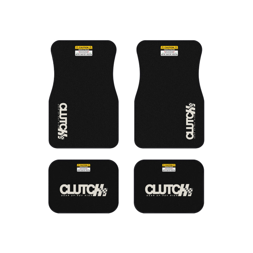 Clutch Car Mat Set – Premium set of 4 black car mats featuring the Clutch logo and "Gear Up, Rev High" tagline. Designed for durability and style, perfect for automotive enthusiasts.