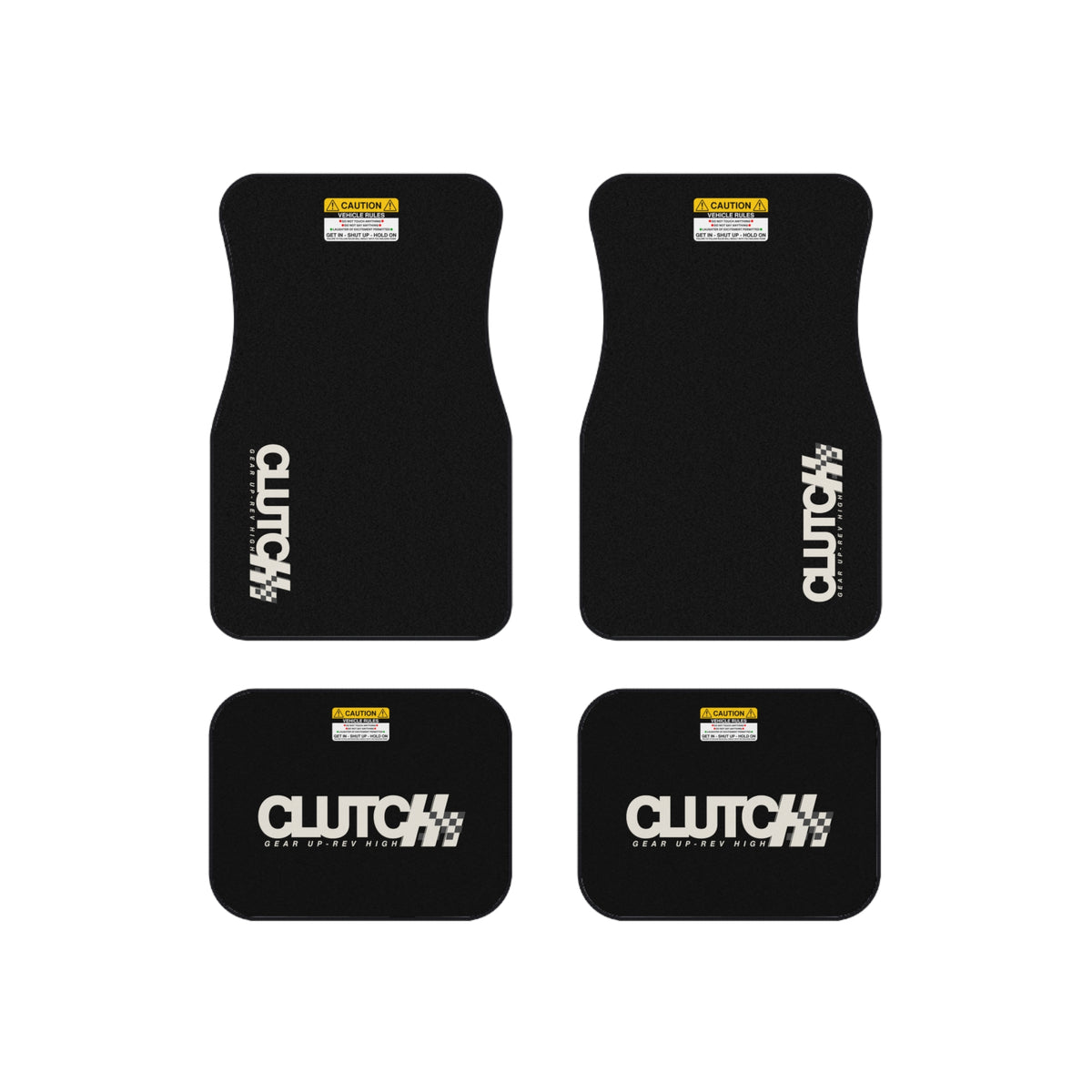Clutch Car Mat Set – Premium set of 4 black car mats featuring the Clutch logo and &quot;Gear Up, Rev High&quot; tagline. Designed for durability and style, perfect for automotive enthusiasts.