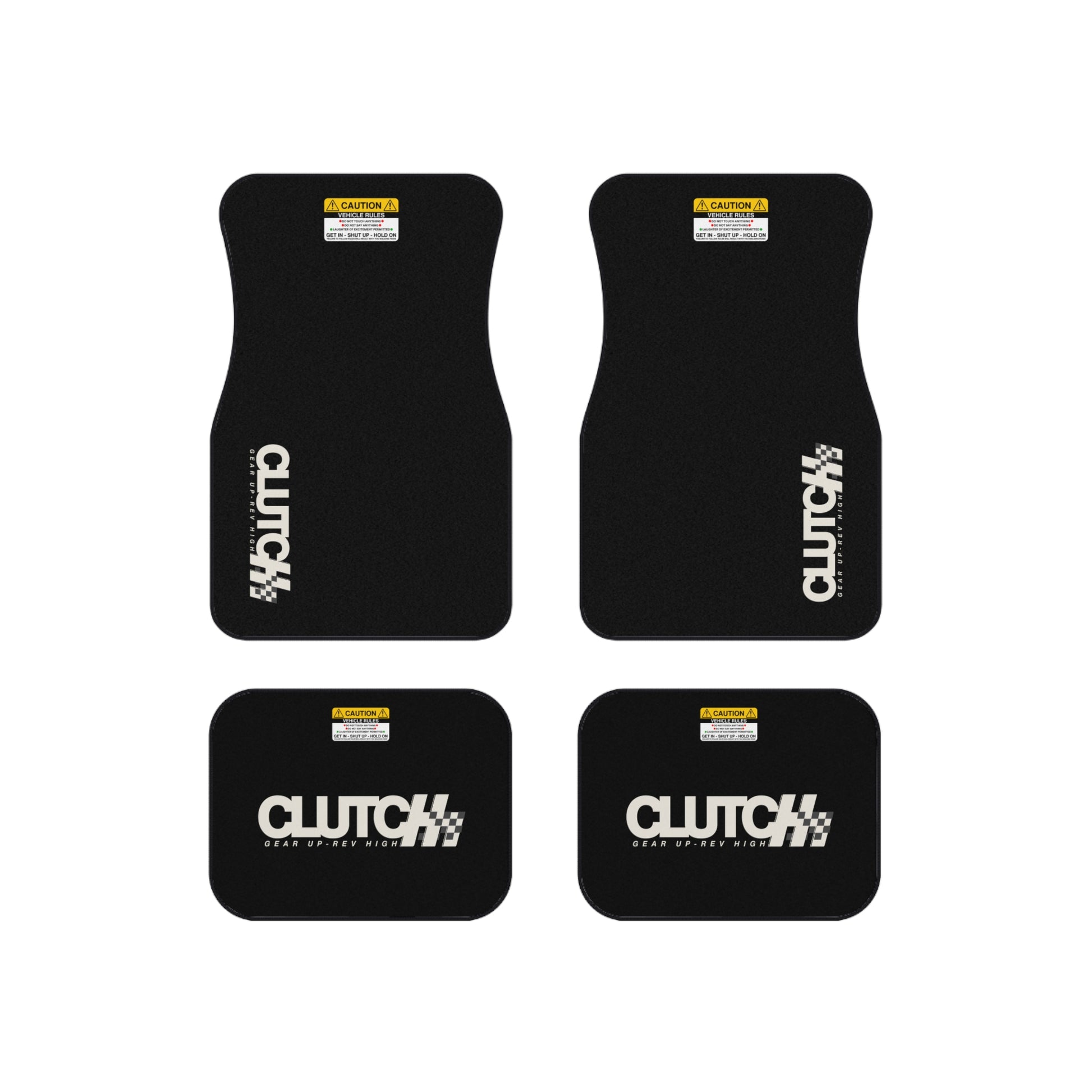 Clutch Car Mat Set – Premium set of 4 black car mats featuring the Clutch logo and "Gear Up, Rev High" tagline. Designed for durability and style, perfect for automotive enthusiasts.