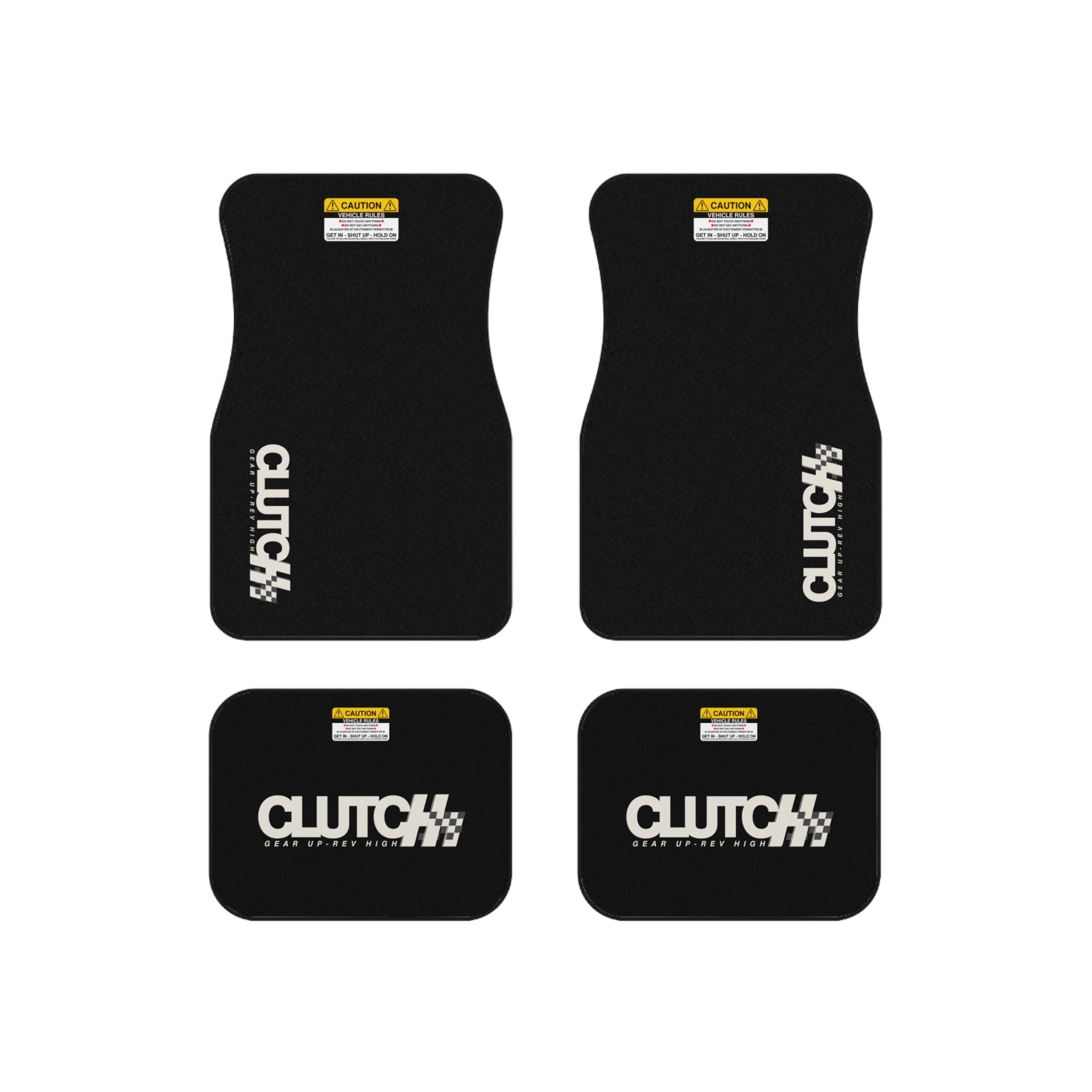 Clutch Car Mat Set – Premium set of 4 black car mats featuring the Clutch logo and "Gear Up, Rev High" tagline. Designed for durability and style, perfect for automotive enthusiasts.