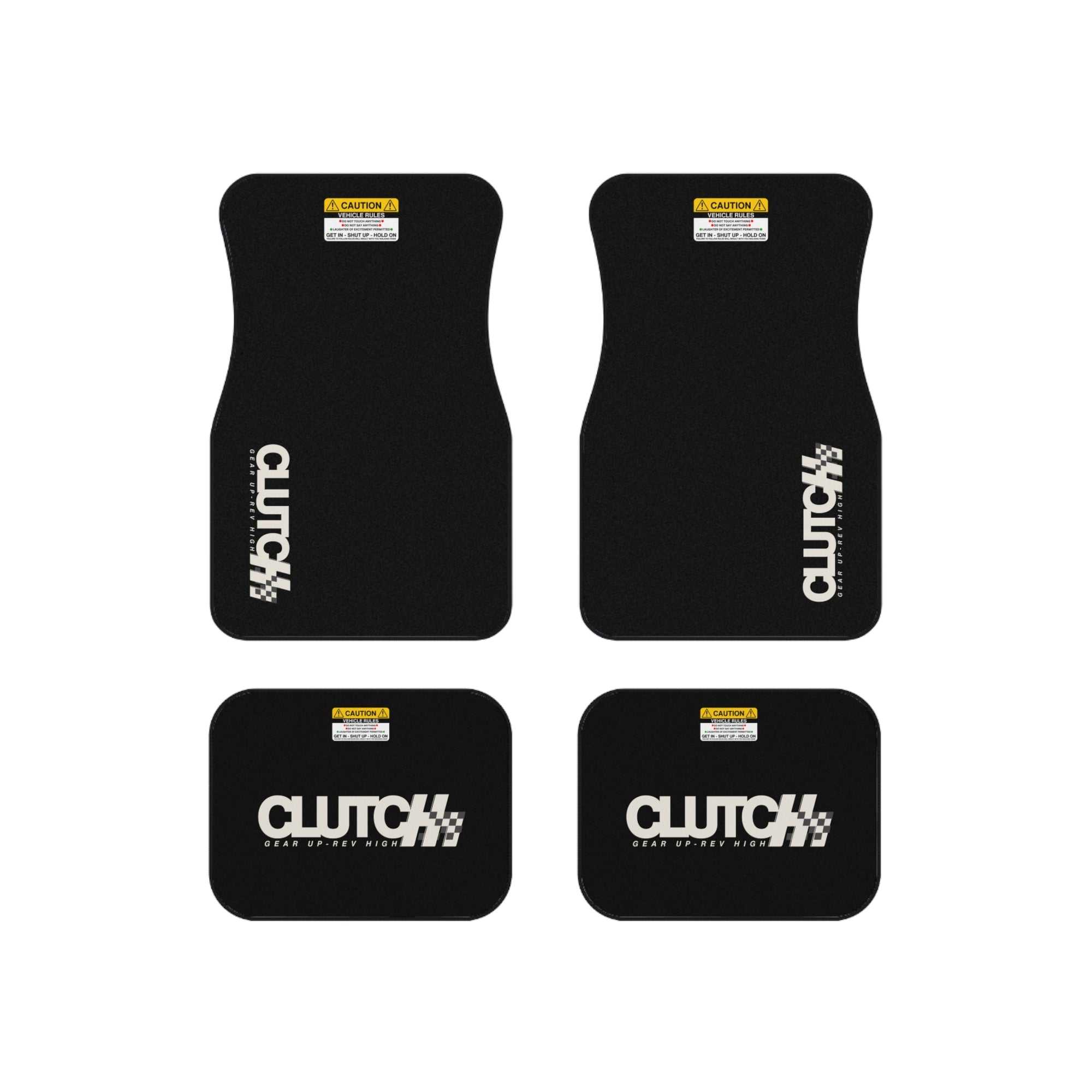Clutch Car Mat Set – Premium set of 4 black car mats featuring the Clutch logo and "Gear Up, Rev High" tagline. Designed for durability and style, perfect for automotive enthusiasts.