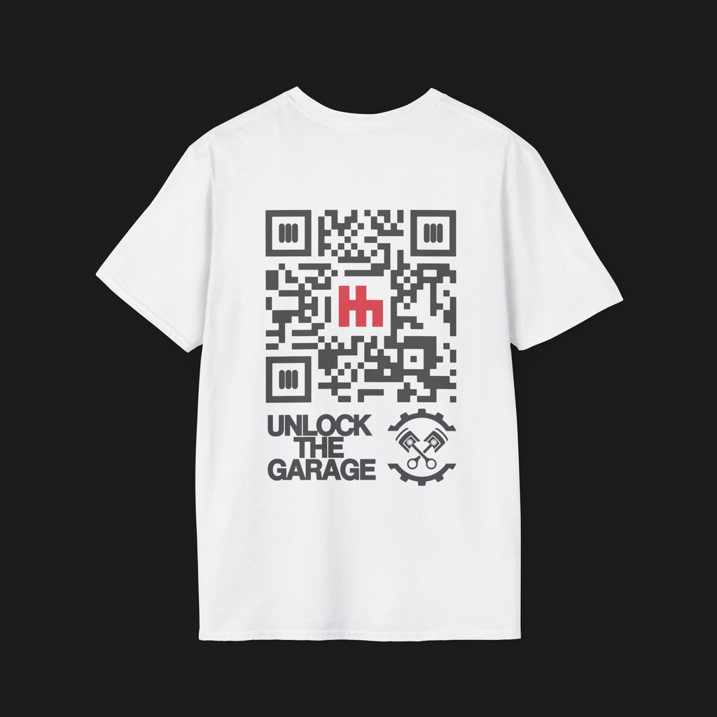 Back of Clutch Classic Unlock The Garage Automotive Graphic T-Shirt – White tee featuring a small "Clutch Automotive Apparel" chest design. Perfect gift for car lovers and gearheads.