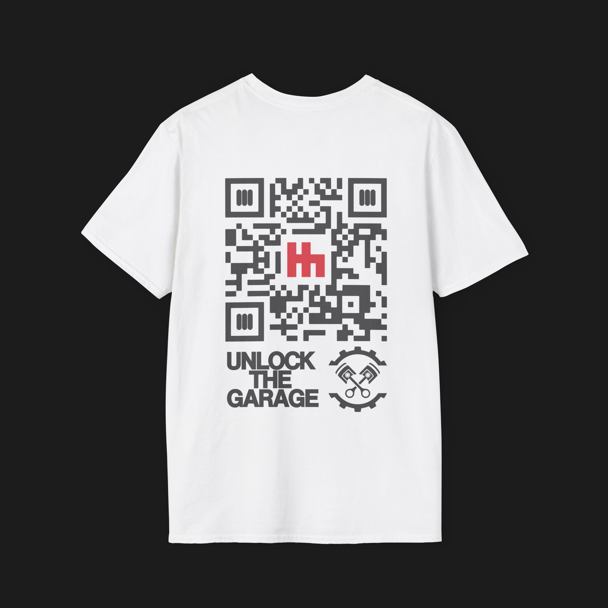 Back of Clutch Classic Unlock The Garage Automotive Graphic T-Shirt – White tee featuring a small "Clutch Automotive Apparel" chest design. Perfect gift for car lovers and gearheads.