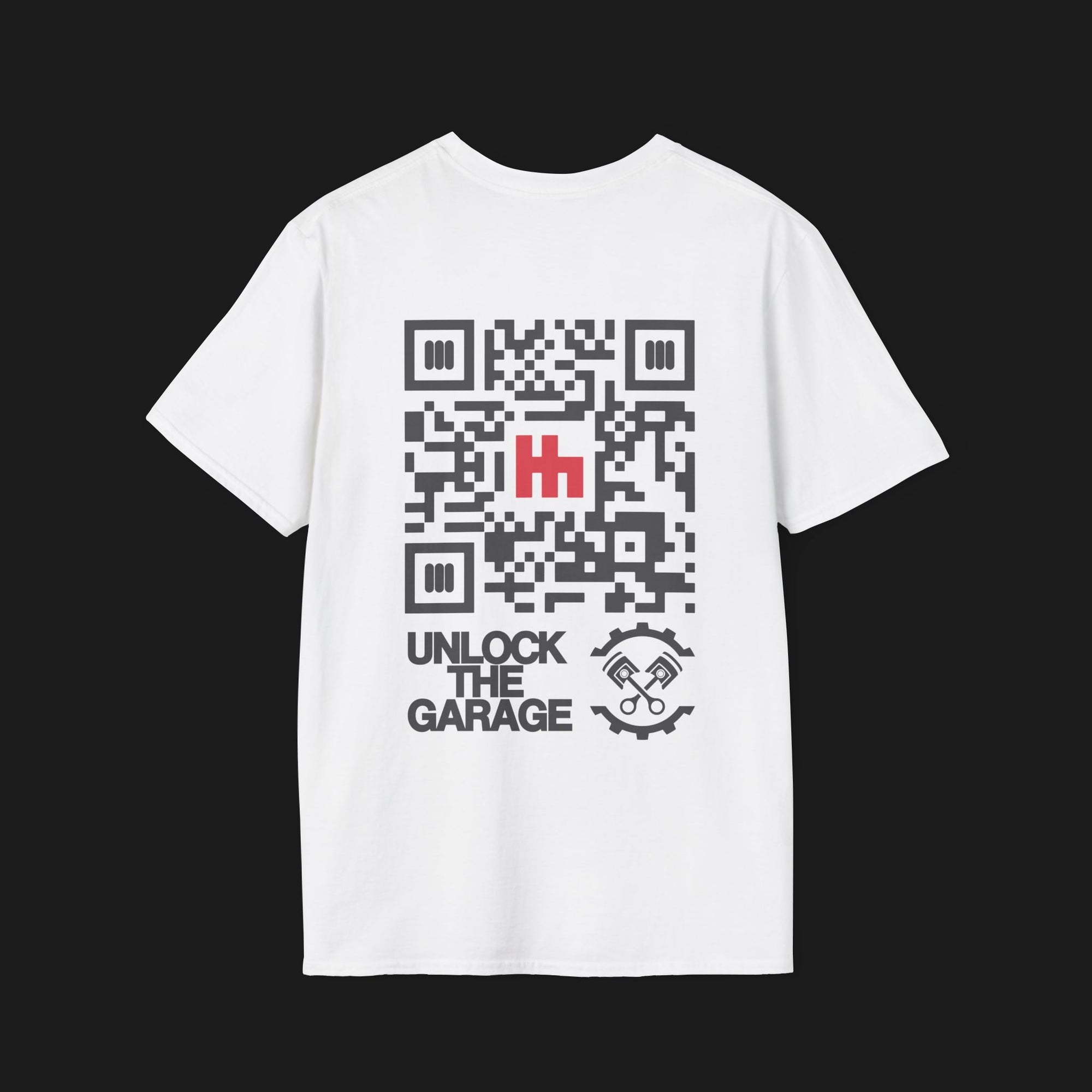 Back of Clutch Classic Unlock The Garage Automotive Graphic T-Shirt – White tee featuring a small "Clutch Automotive Apparel" chest design. Perfect gift for car lovers and gearheads.