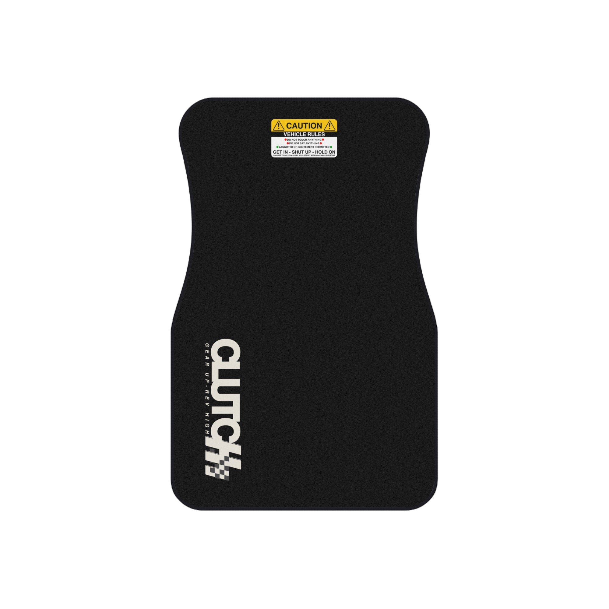 Clutch Car Mat Set – Premium scar mat featuring the Clutch logo and "Gear Up, Rev High" tagline. Designed for durability and style, perfect for automotive enthusiasts.