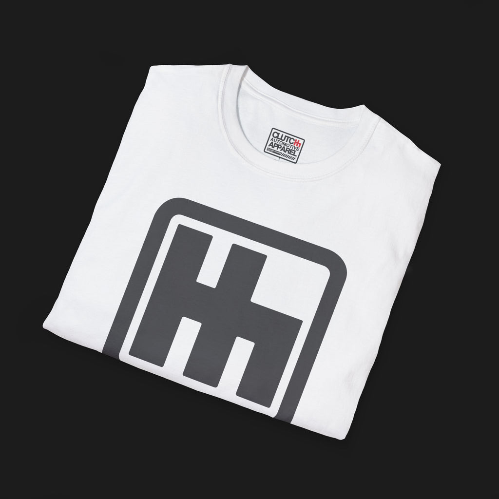 Folded PRNDL Shifter Automotive Graphic T-Shirt – White unisex tee featuring a grey gated shifter graphic with 'PRNDL' in red. Ideal gift for car enthusiasts and manual transmission fans.