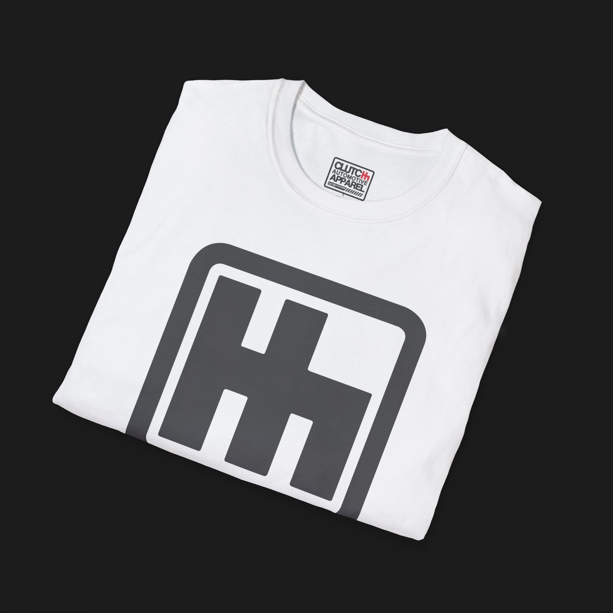 Folded PRNDL Shifter Automotive Graphic T-Shirt – White unisex tee featuring a grey gated shifter graphic with 'PRNDL' in red. Ideal gift for car enthusiasts and manual transmission fans.