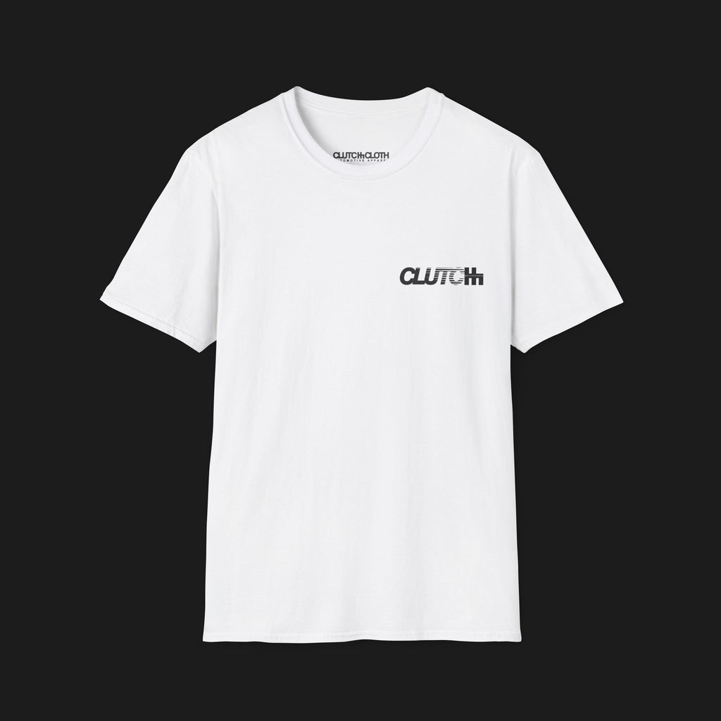 Front Angle of Clutch Motorsports Automotive Graphic T-Shirt – White unisex tee featuring a bold geometric motorsports-inspired design on the back. A perfect gift for car enthusiasts and racing fans.