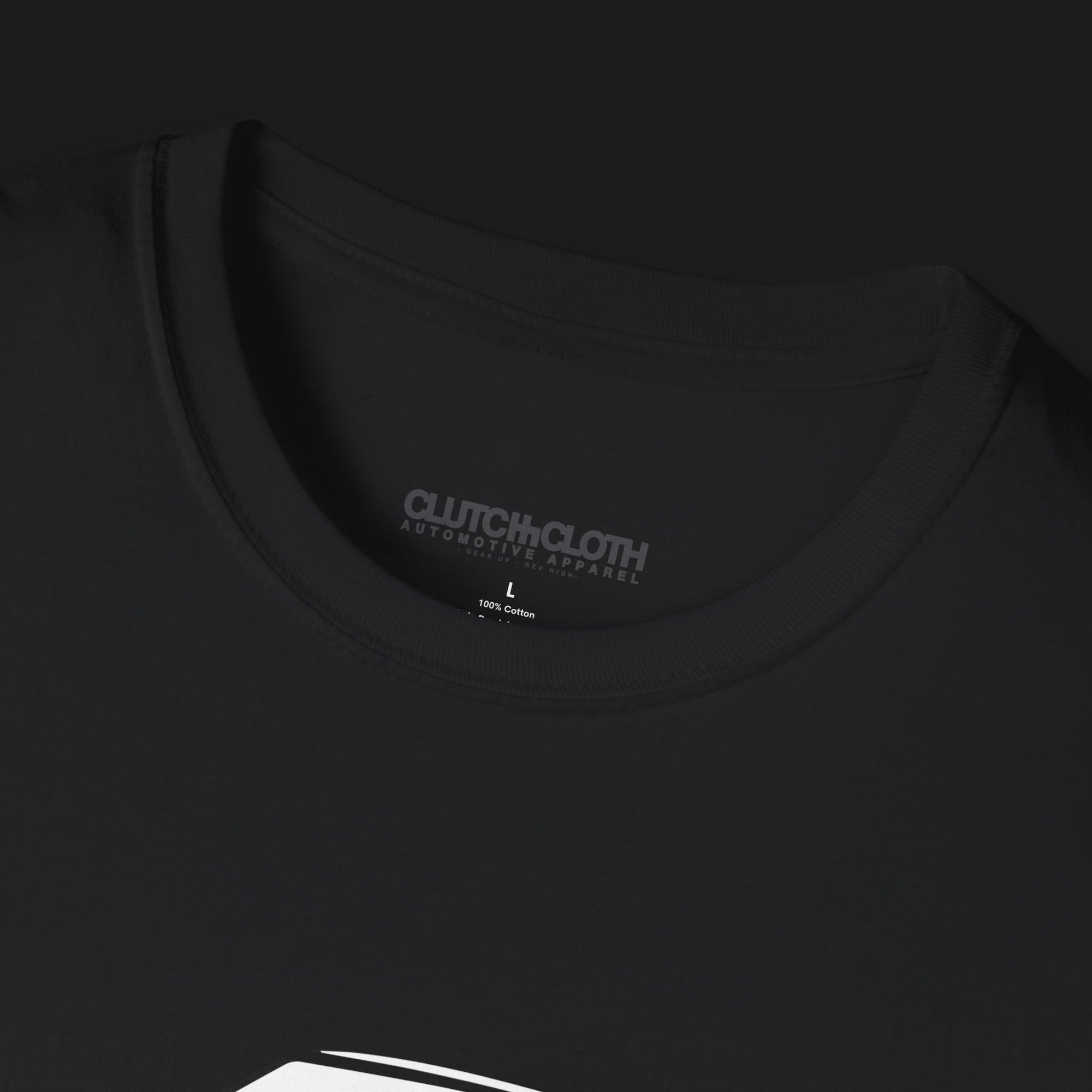 Collar of Monster Classic SS V8 Automotive Graphic T-Shirt – Black unisex tee featuring a sleek outline graphic of a classic SS V8 muscle car. A stylish gift for muscle car lovers and vintage car enthusiasts.