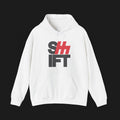 Front of SHIFT - ClutchCloth Classic Automotive Pullover Hoodie – White unisex hoodie featuring bold black and red 'SHIFT' graphic with a stylized clutch design. Ideal for car lovers and streetwear fans
