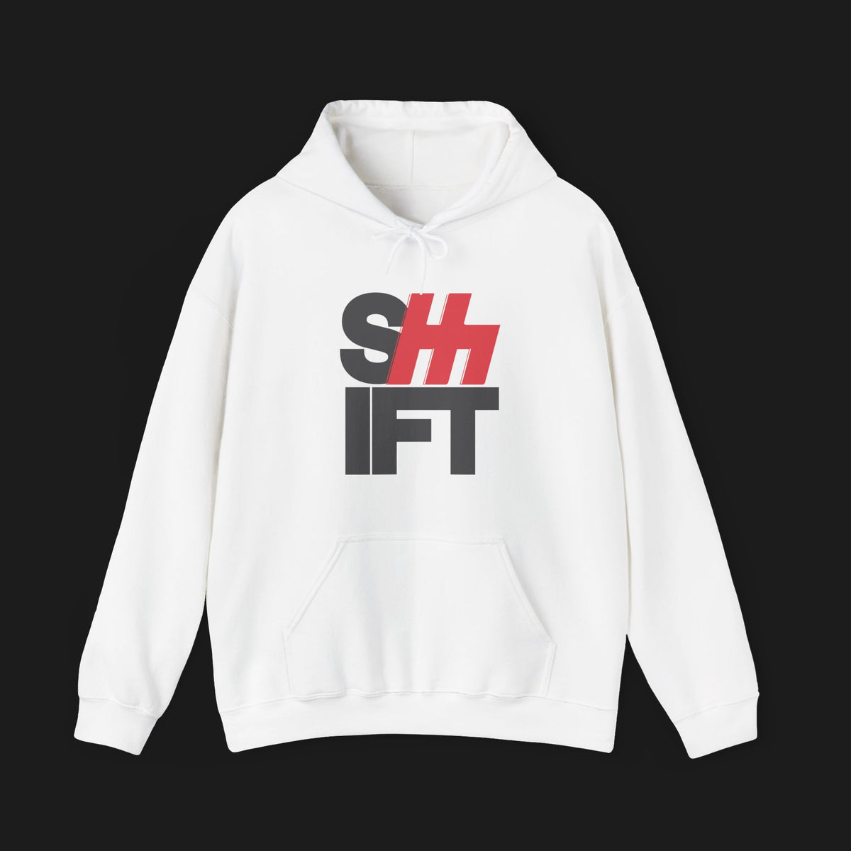 Front of SHIFT - ClutchCloth Classic Automotive Pullover Hoodie – White unisex hoodie featuring bold black and red &#39;SHIFT&#39; graphic with a stylized clutch design. Ideal for car lovers and streetwear fans