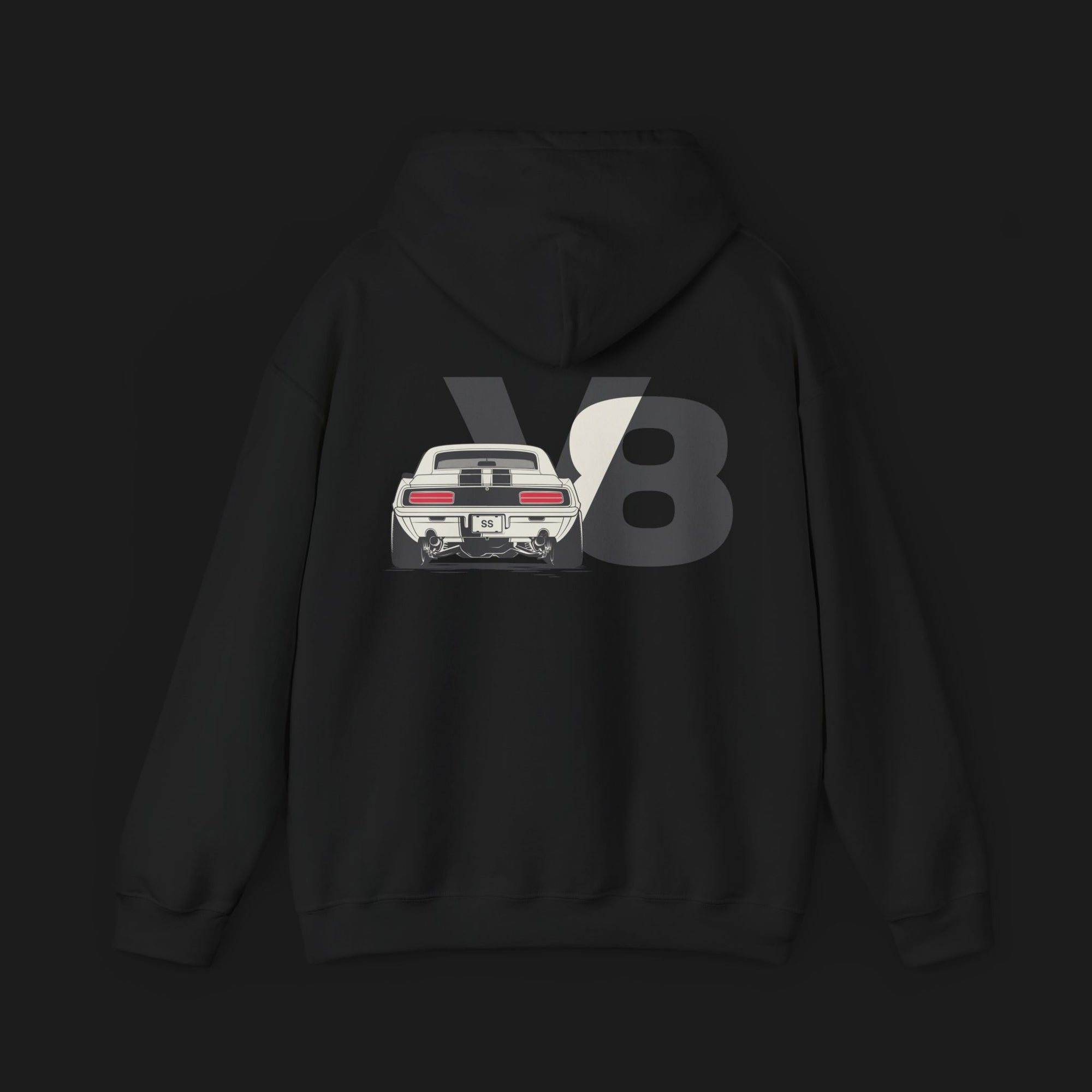 Back of 69 SS V8 Automotive Graphic Hoodie – Black unisex hoodie featuring a detailed rear view of a 1969 Camaro SS with bold 'V8' lettering in black. Perfect for muscle car enthusiasts.